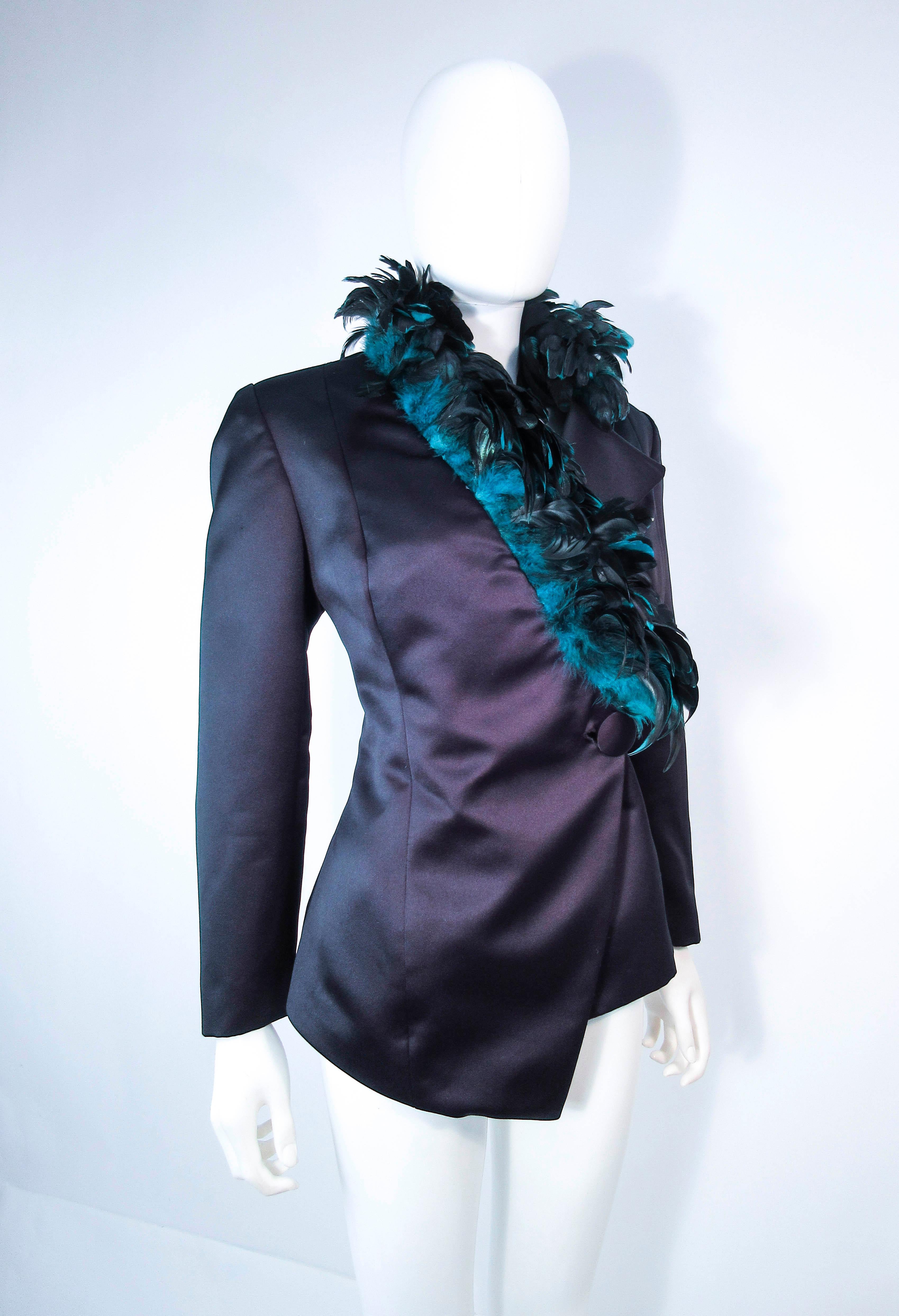 POL ATTEU Satin Evening Jacket with Iridescent Feather Collar Trim Size 12 In Good Condition For Sale In Los Angeles, CA