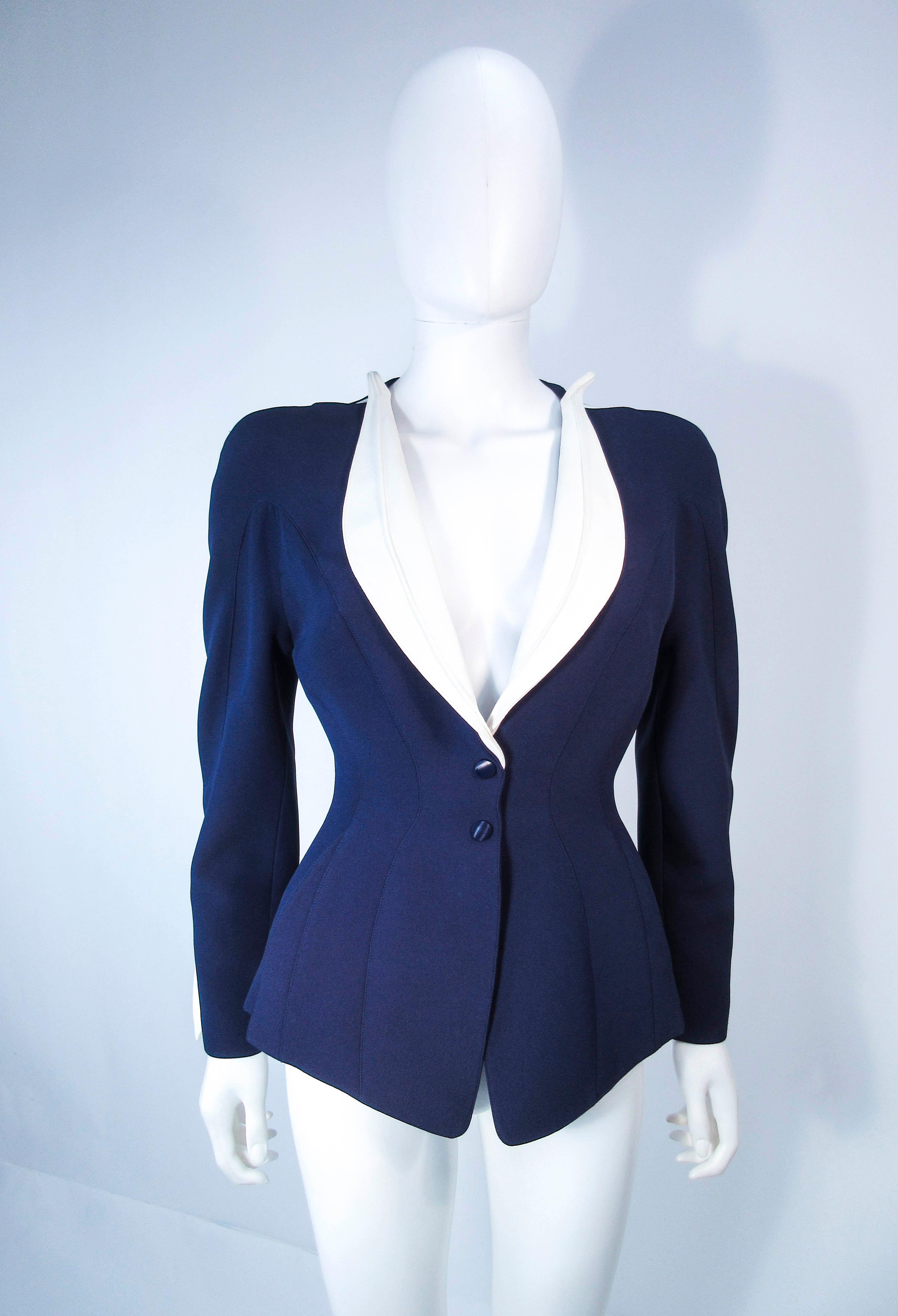 THEIRRY MUGLER Navy  & White Contrast Skirt Suit with Cutouts Size 36 38 7