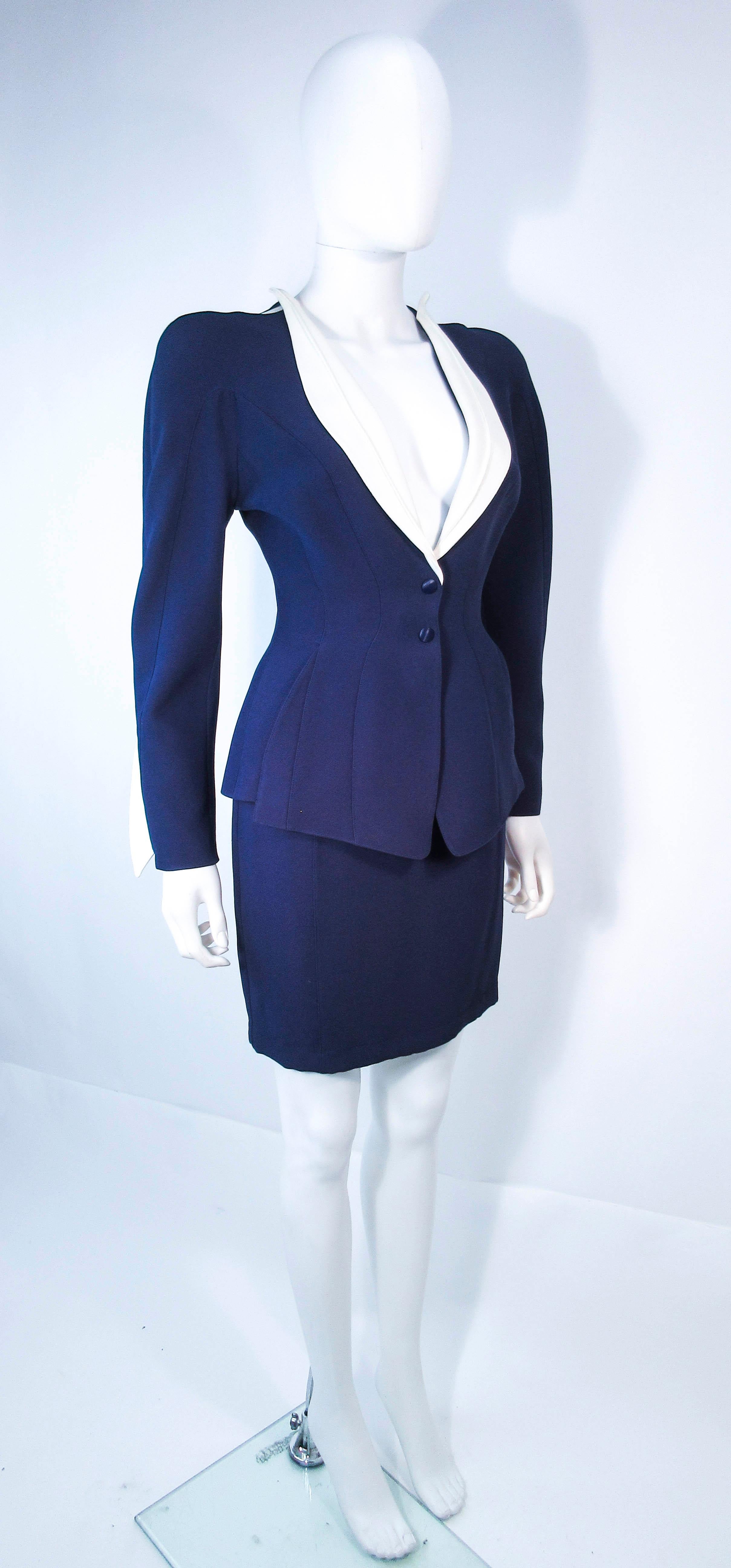 THEIRRY MUGLER Navy  & White Contrast Skirt Suit with Cutouts Size 36 38 In Good Condition In Los Angeles, CA