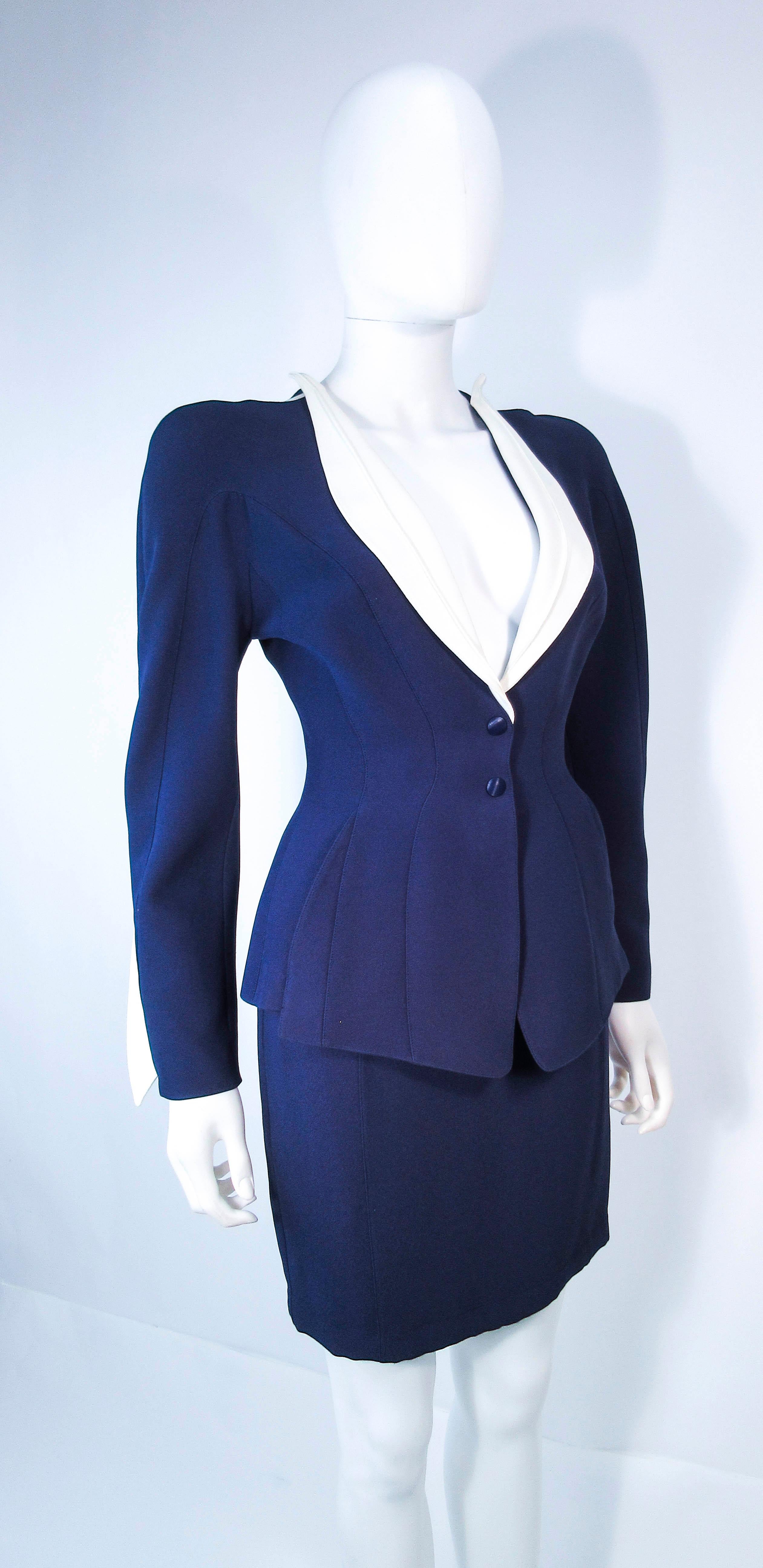 Women's THEIRRY MUGLER Navy  & White Contrast Skirt Suit with Cutouts Size 36 38