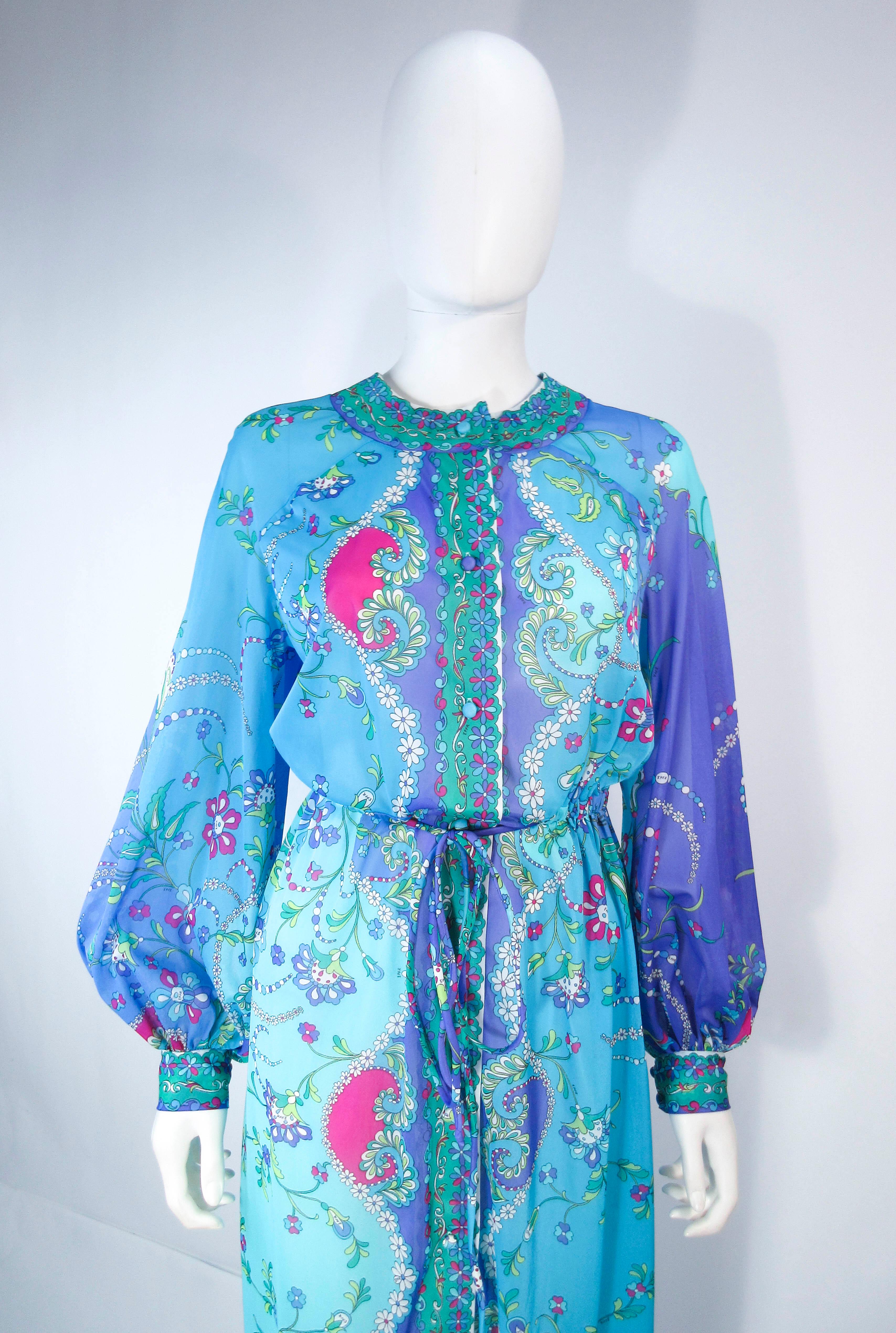 Women's Emilio Pucci Light Blue Purple Abstract Print Long Sleeve Maxi with Tie Size M