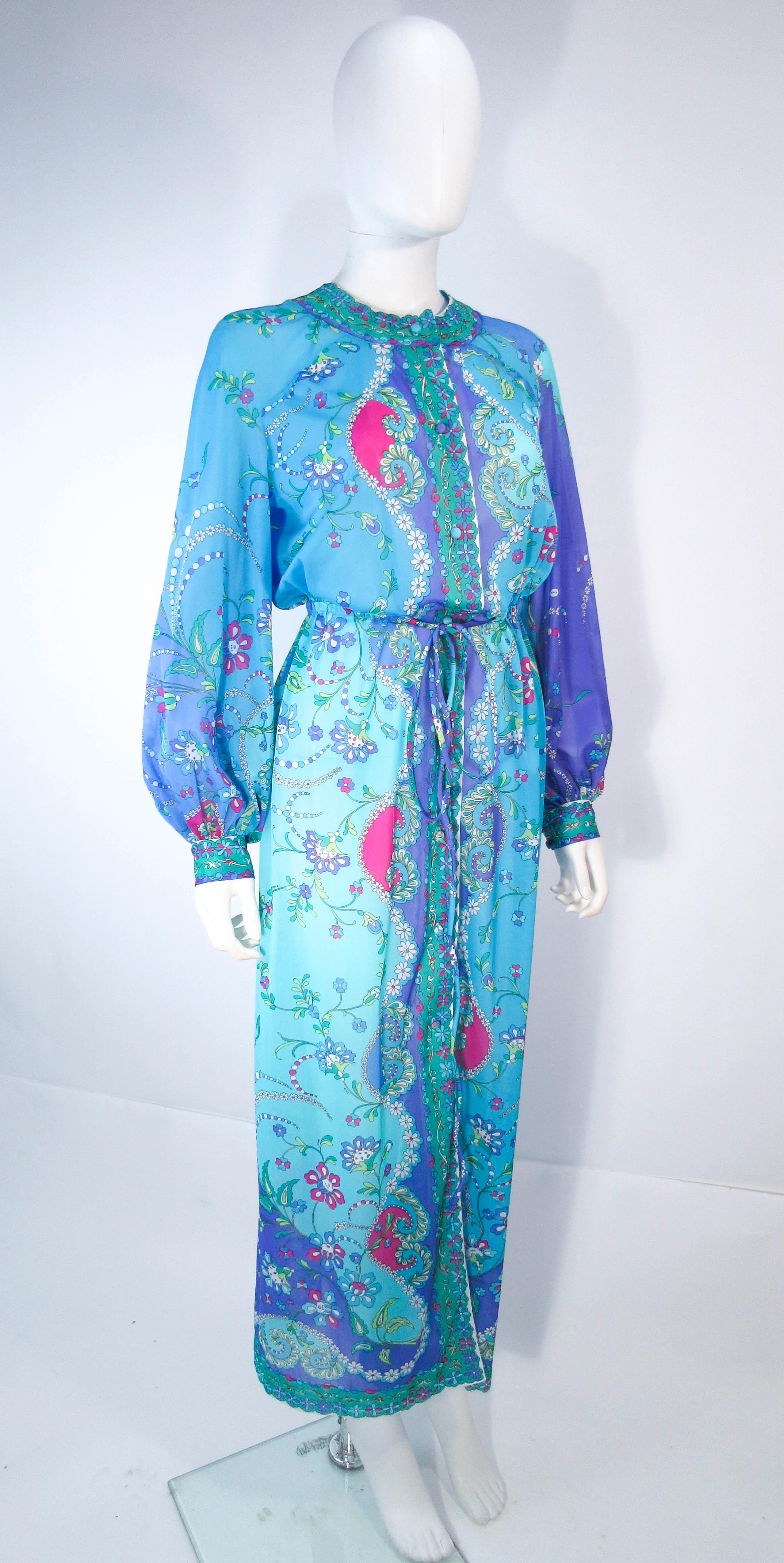 Emilio Pucci Light Blue Purple Abstract Print Long Sleeve Maxi with Tie Size M 1