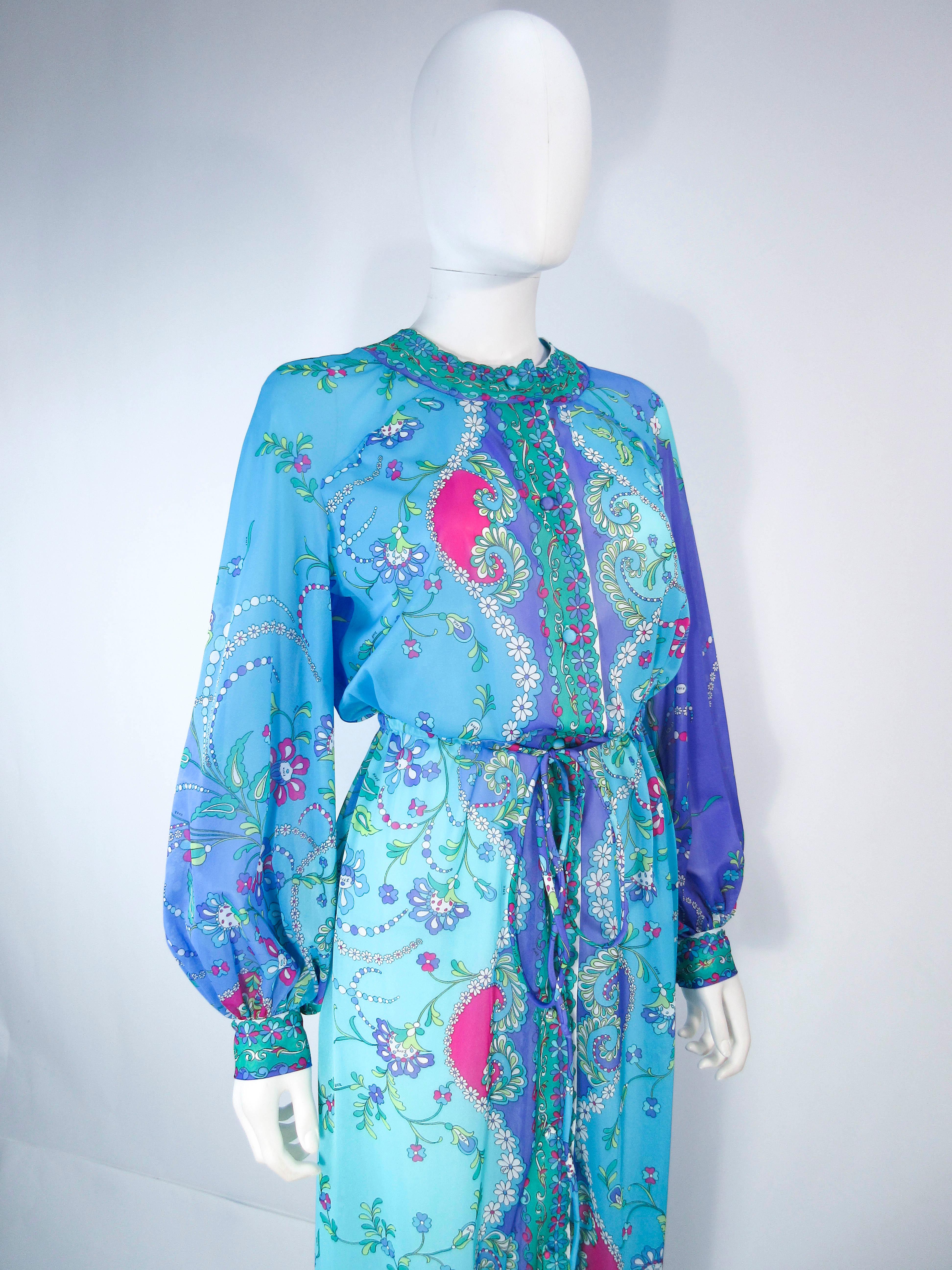 Emilio Pucci Light Blue Purple Abstract Print Long Sleeve Maxi with Tie Size M 2