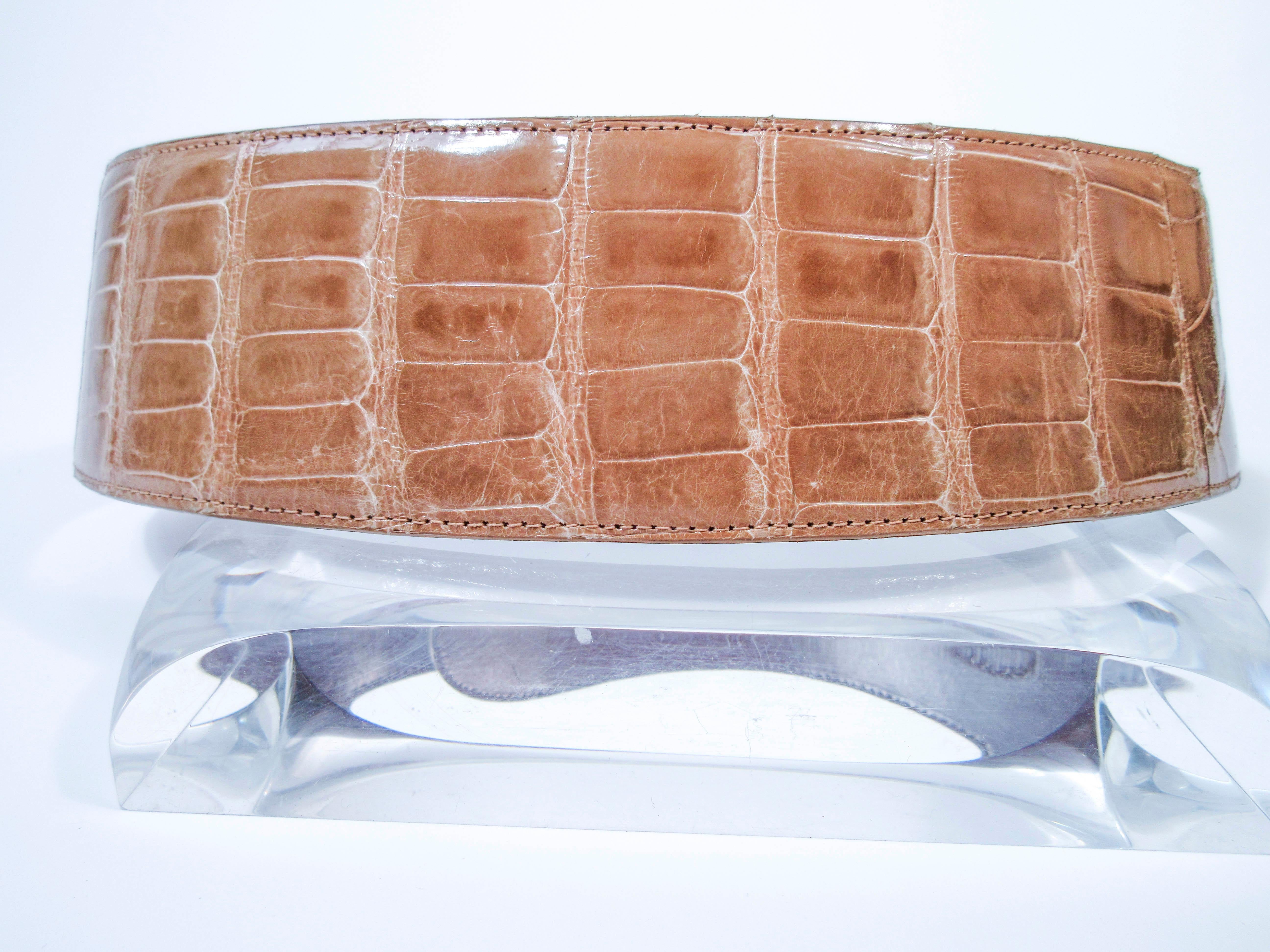 BARRY KISELSTEIN-CORD Nude Alligator Belt Goldtone Sterling Frog Buckle Large In Excellent Condition For Sale In Los Angeles, CA