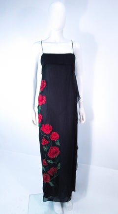 BLUEMARINE - Robe longue en mousseline de soie noire avec appliques roses - Taille S/M