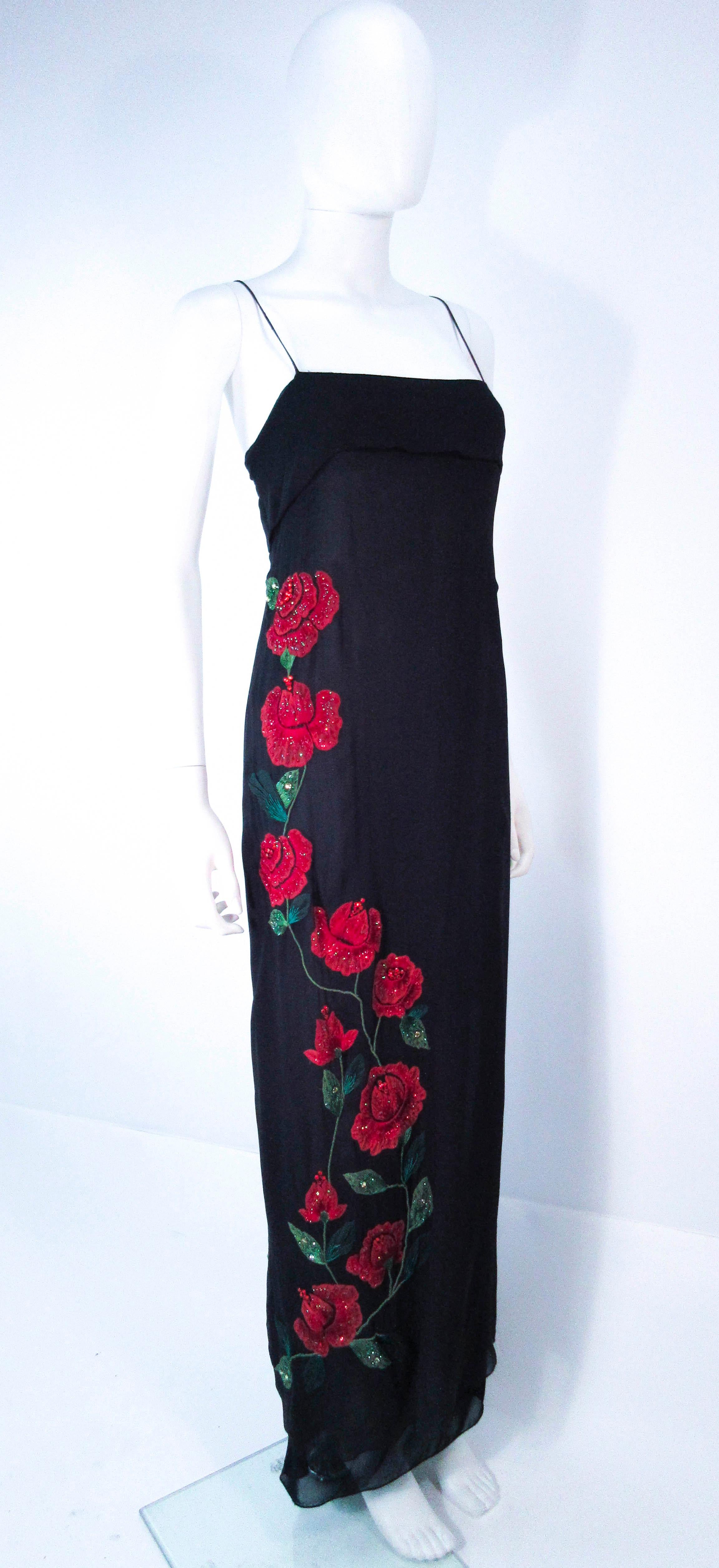 BLUEMARINE Black Silk Chiffon Rose Applique Maxi Dress Size S/M  In Good Condition For Sale In Los Angeles, CA