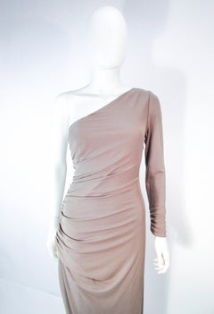 'H' HALSTON Taupe One Shoulder Ruched Gown Size 6 8