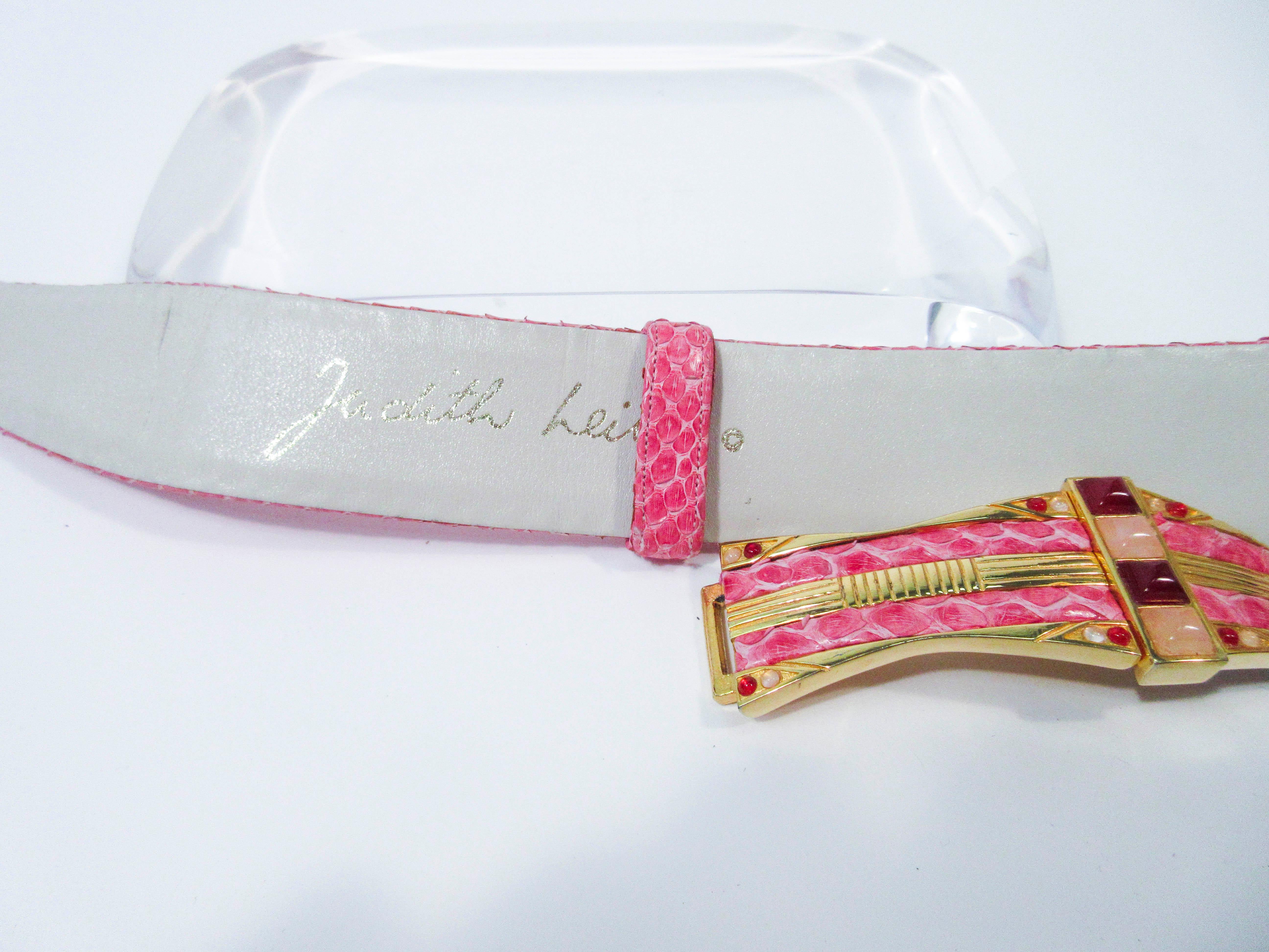 JUDITH LEIBER Pink Snakeskin Belt with Gold Hardware Adjustable 3