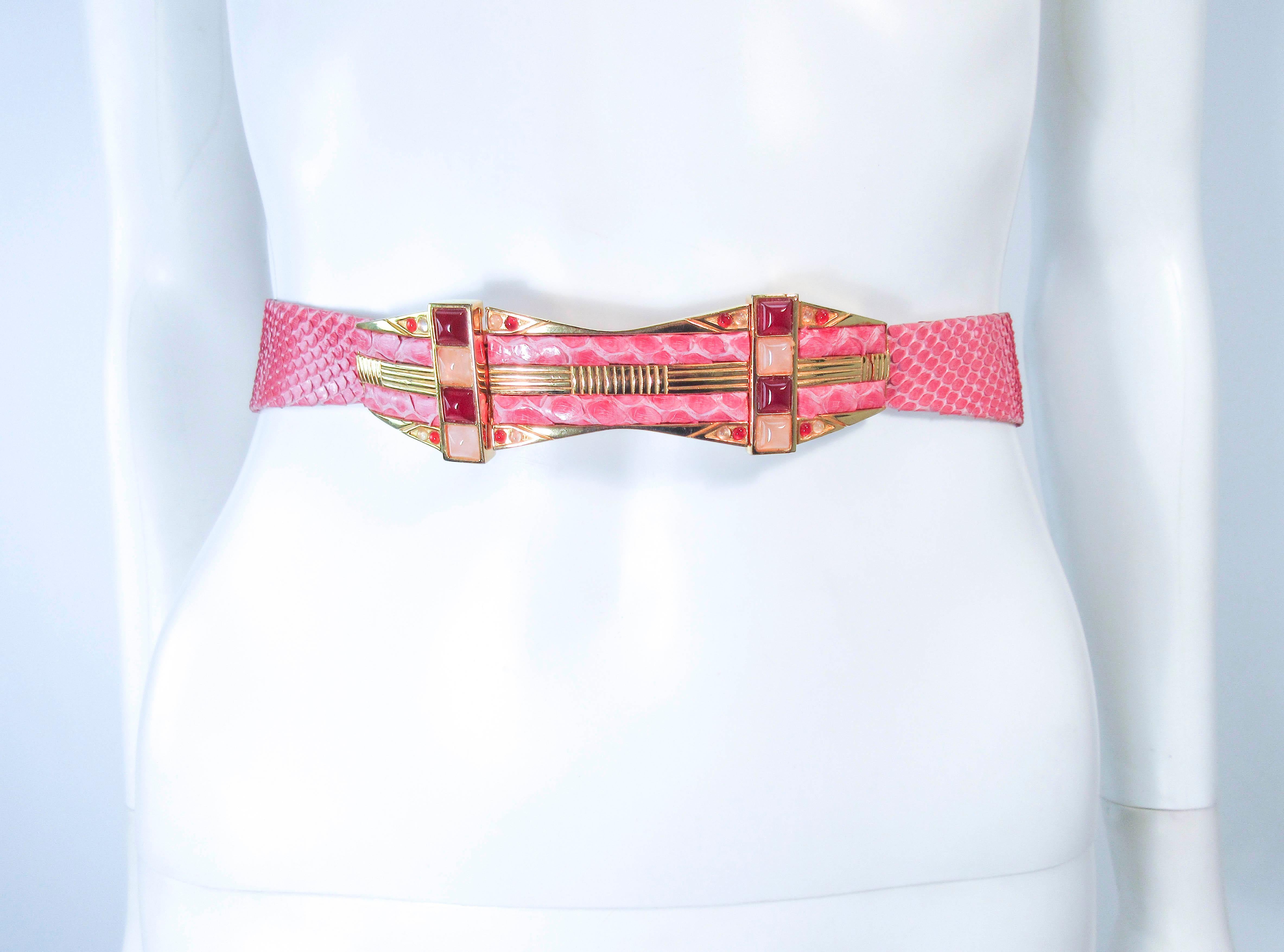 Women's JUDITH LEIBER Pink Snakeskin Belt with Gold Hardware Adjustable