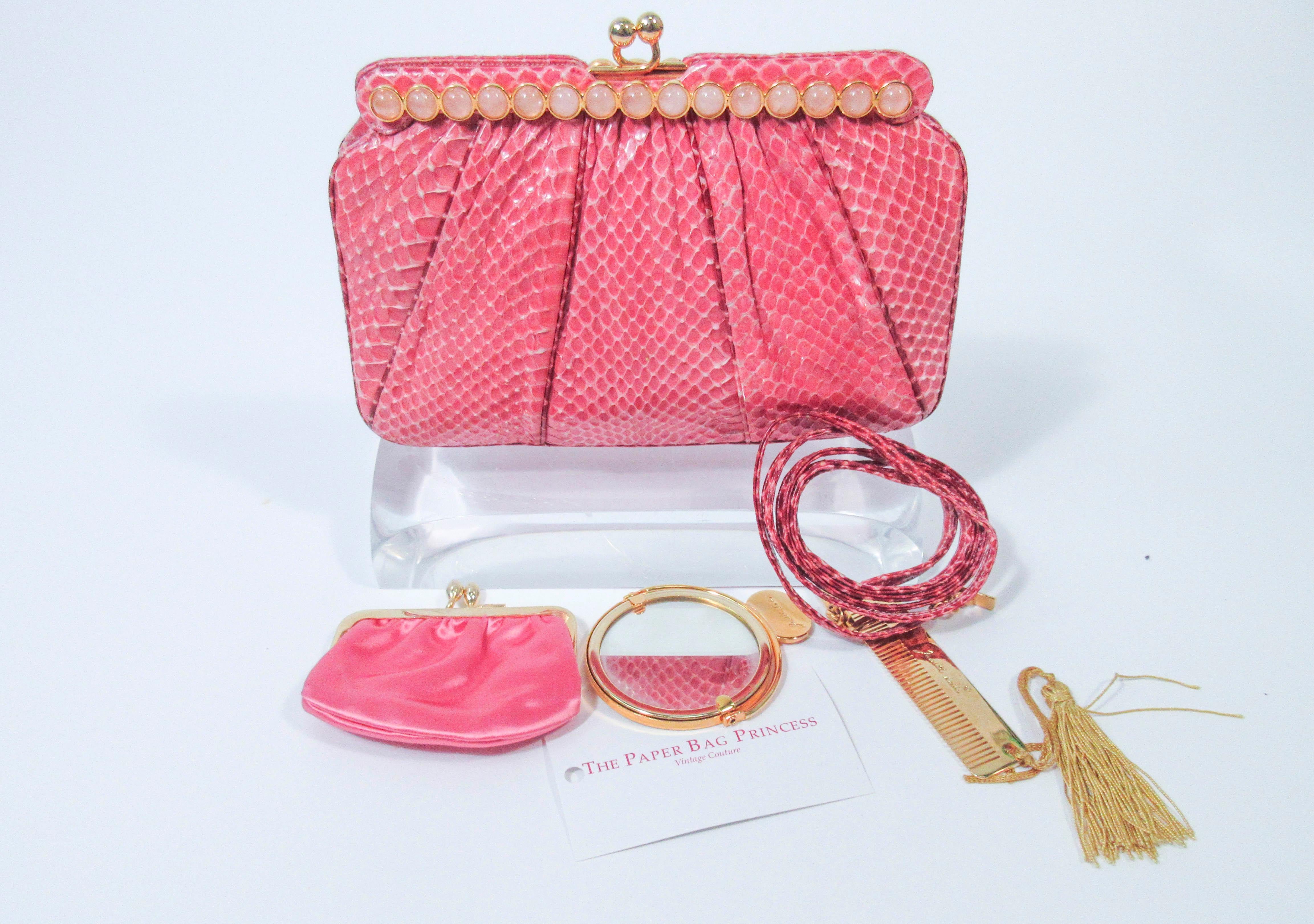 JUDITH LEIBER Pink Snakeskin Clutch w/ Optional Strap Mirror Coin Purse  In Excellent Condition In Los Angeles, CA
