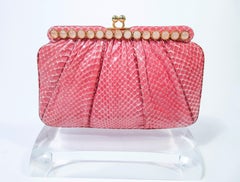 JUDITH LEIBER Pink Snakeskin Clutch w/ Optional Strap Mirror Coin Purse