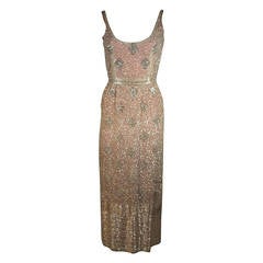 Silver Hand Beaded Rhinestone Gown w Raspberry Silk Lining & Back Slit Size S 12