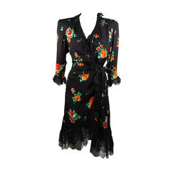 Vintage Saint Laurent Rive Gauche Black Crepe Floral Wrap Dress with Lace Trim Size 42