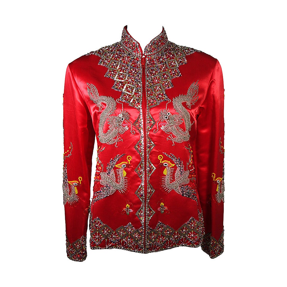 Dynasty For Neiman Marcus Red Silk Hand Beaded Sequined Dragon & Phoenix Jacket For Sale