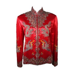 Dynasty For Neiman Marcus Red Silk Hand Beaded Sequined Dragon & Phoenix Jacket