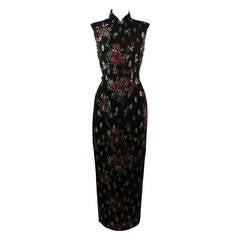 Vintage Black Silk Chiffon Cheongsam Gown  w. Golden Ovals & Pink Sprays