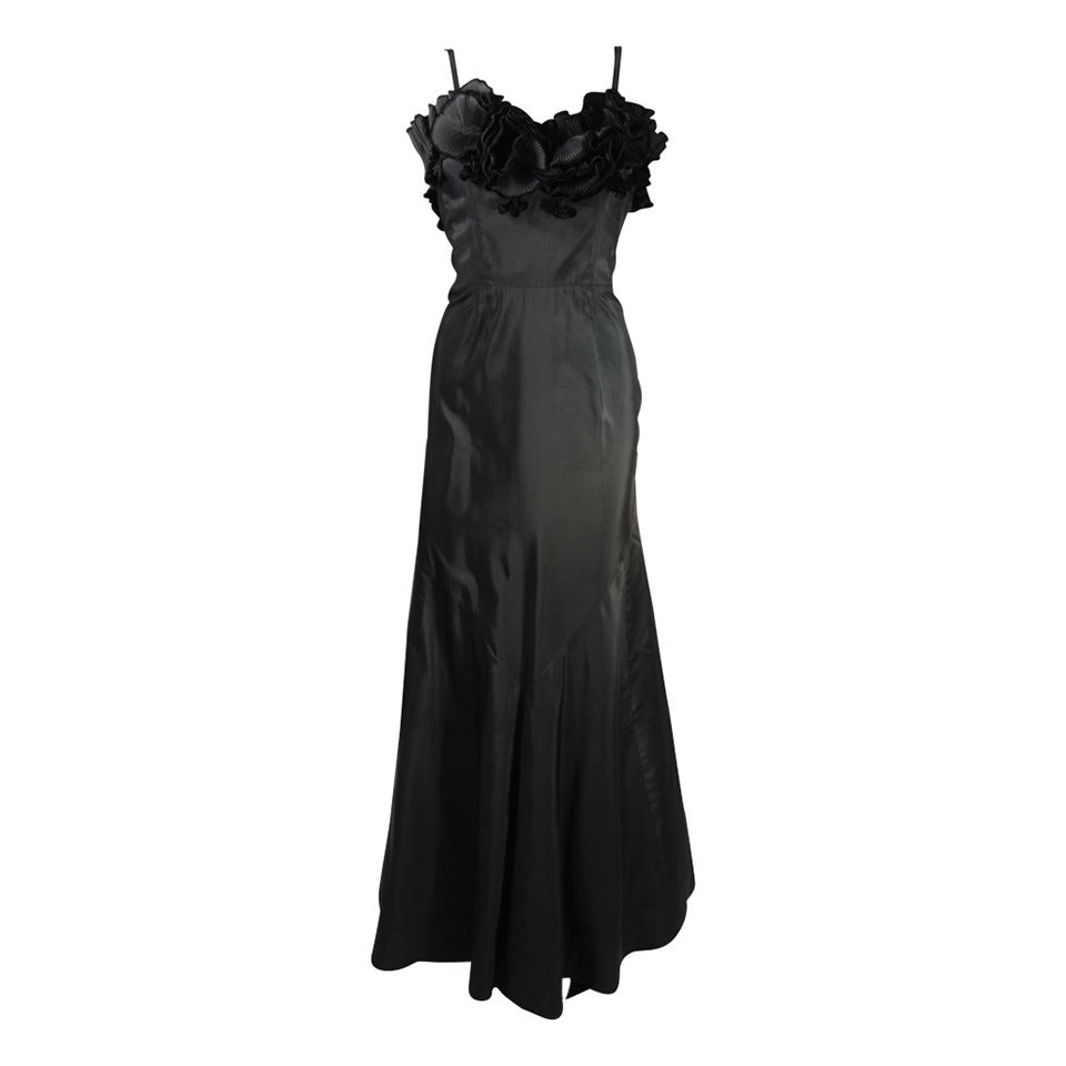 THERESE French Shop 1950s Three Dimensional Floral Bodice Black Silk Gown For Sale