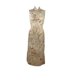 1950's Ivory and Gold Brocade Phoenix w. Red Flowers Cocktail Dress XS 7