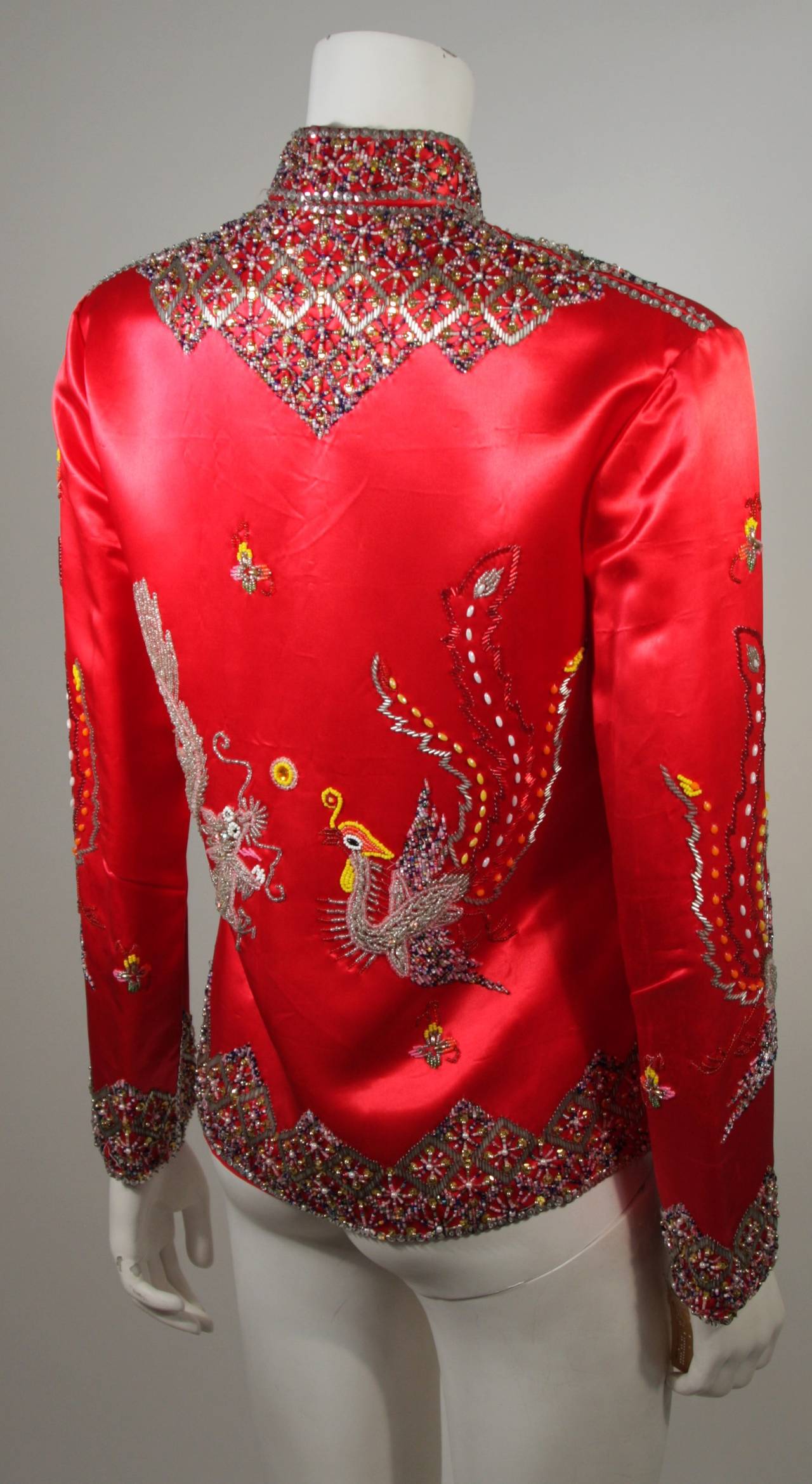 Dynasty For Neiman Marcus Red Silk Hand Beaded Sequined Dragon & Phoenix Jacket In Excellent Condition For Sale In Los Angeles, CA