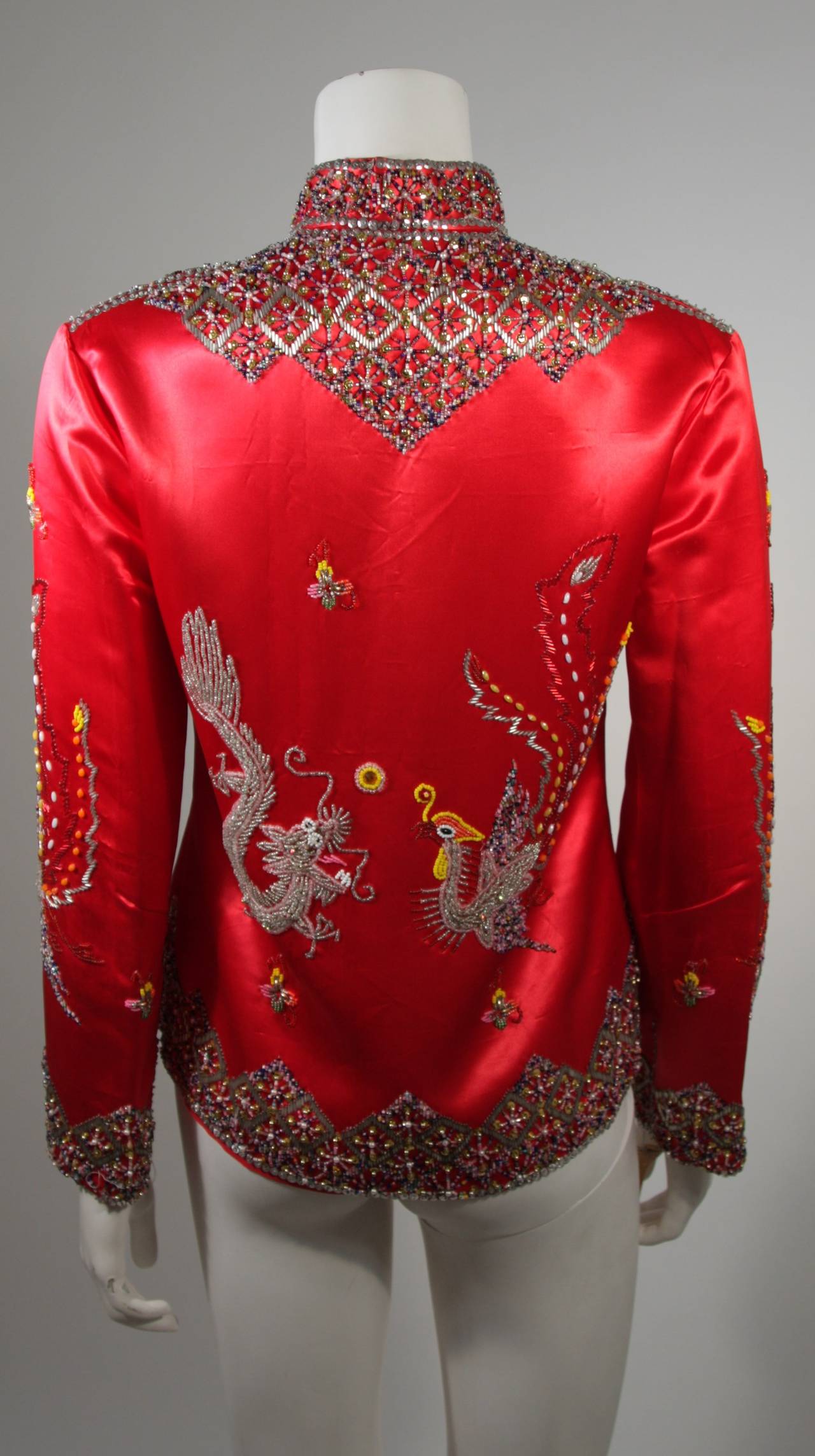 Women's Dynasty For Neiman Marcus Red Silk Hand Beaded Sequined Dragon & Phoenix Jacket For Sale