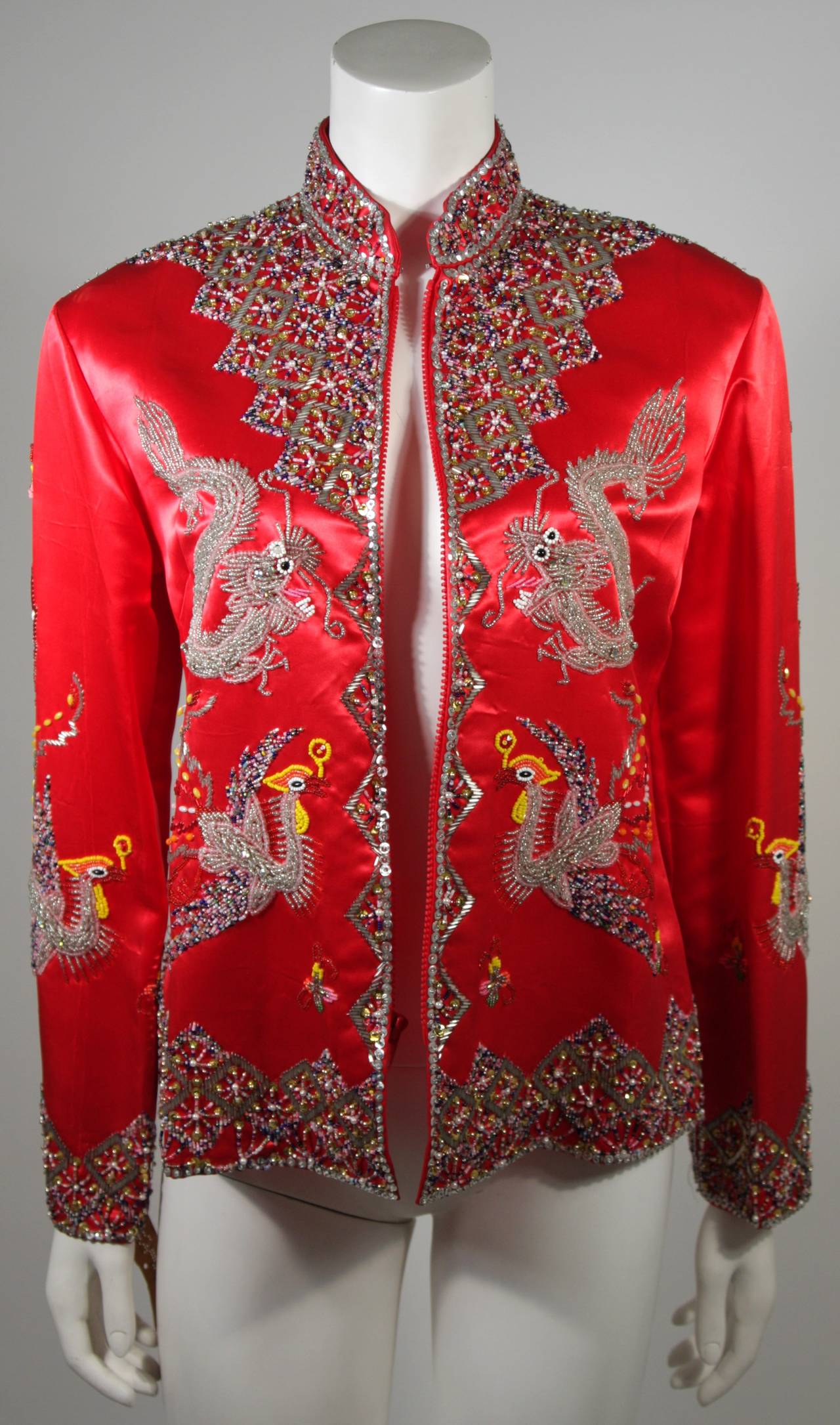 Dynasty For Neiman Marcus Red Silk Hand Beaded Sequined Dragon & Phoenix  Jacket