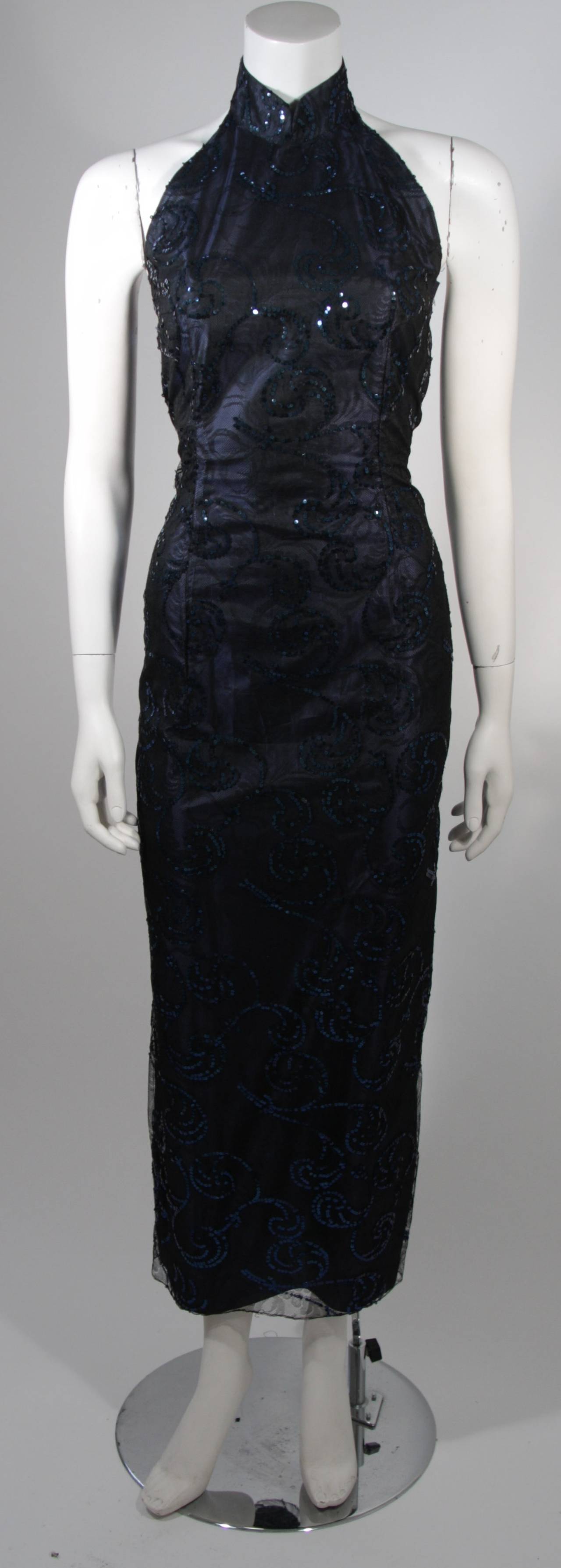 Black 1950's Sapphire Blue Snap on Bolero Cheongsam Gown Hand Sewn Sequin Design
