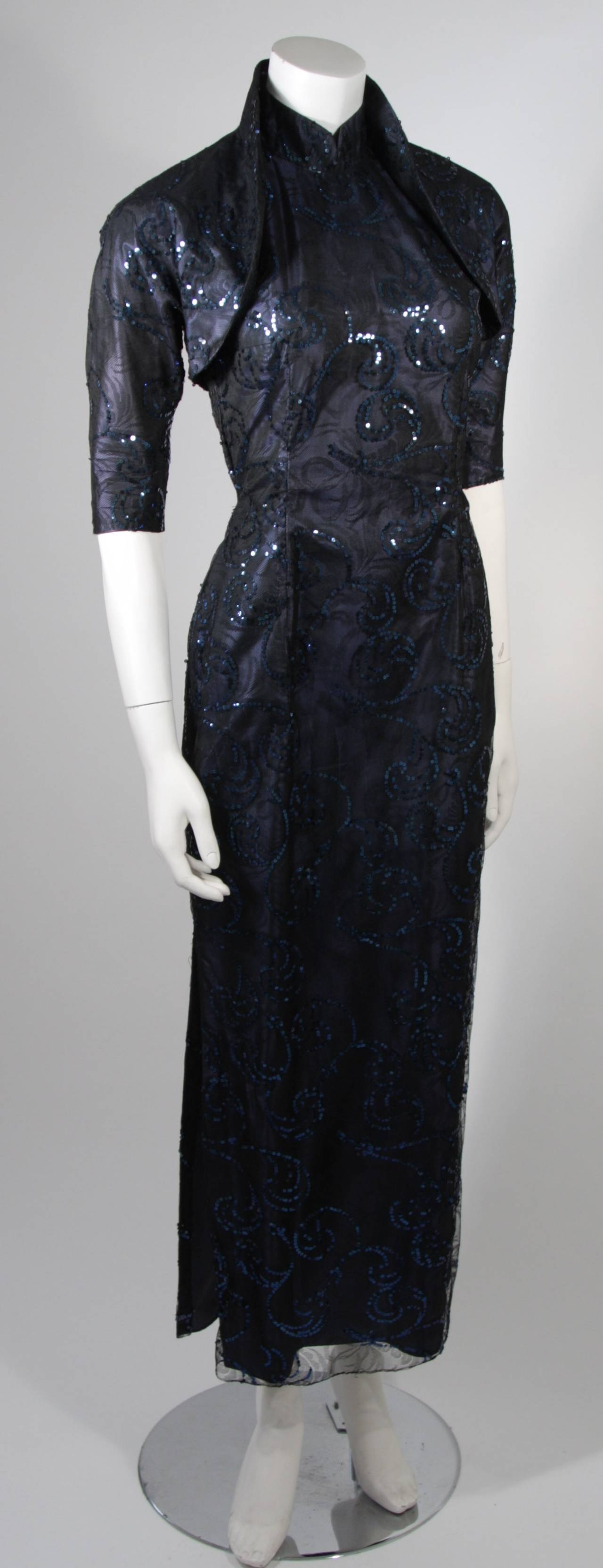 1950's Sapphire Blue Snap on Bolero Cheongsam Gown Hand Sewn Sequin Design 1