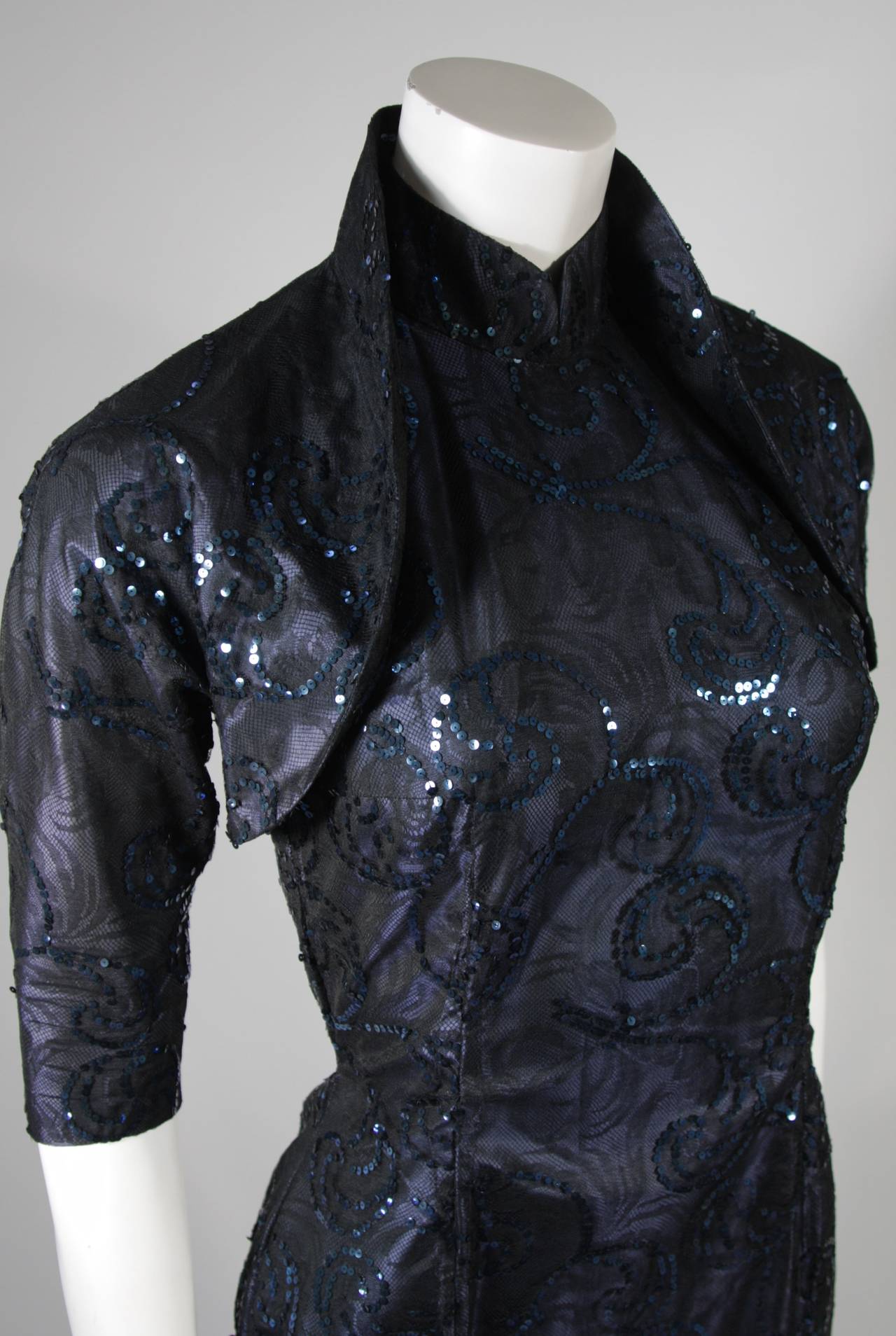 1950's Sapphire Blue Snap on Bolero Cheongsam Gown Hand Sewn Sequin Design In Excellent Condition In Los Angeles, CA