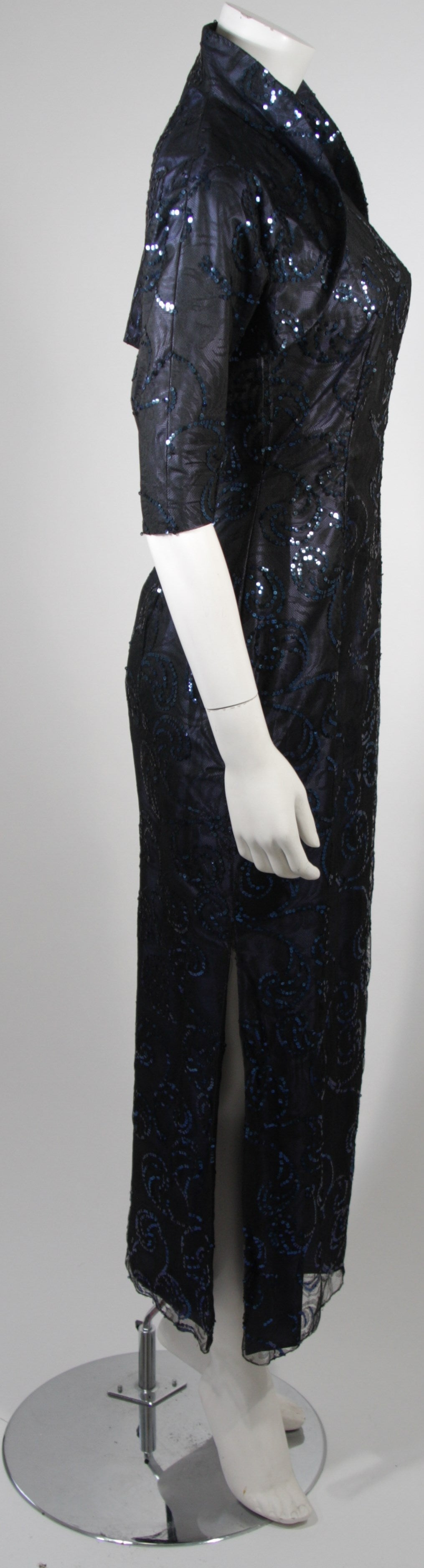 1950's Sapphire Blue Snap on Bolero Cheongsam Gown Hand Sewn Sequin Design 2