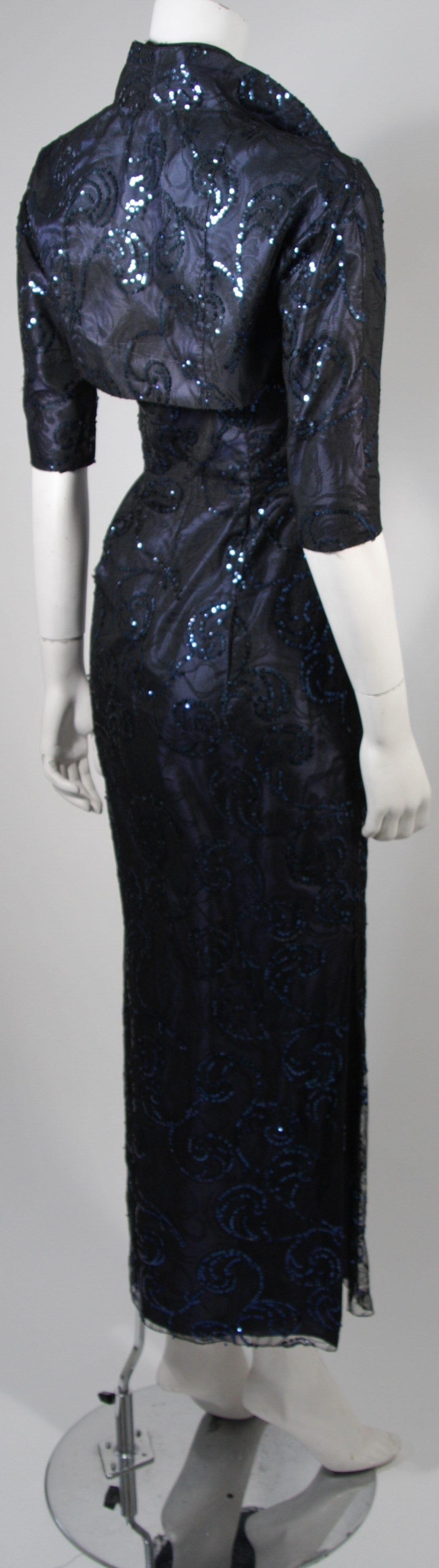 1950's Sapphire Blue Snap on Bolero Cheongsam Gown Hand Sewn Sequin Design 3