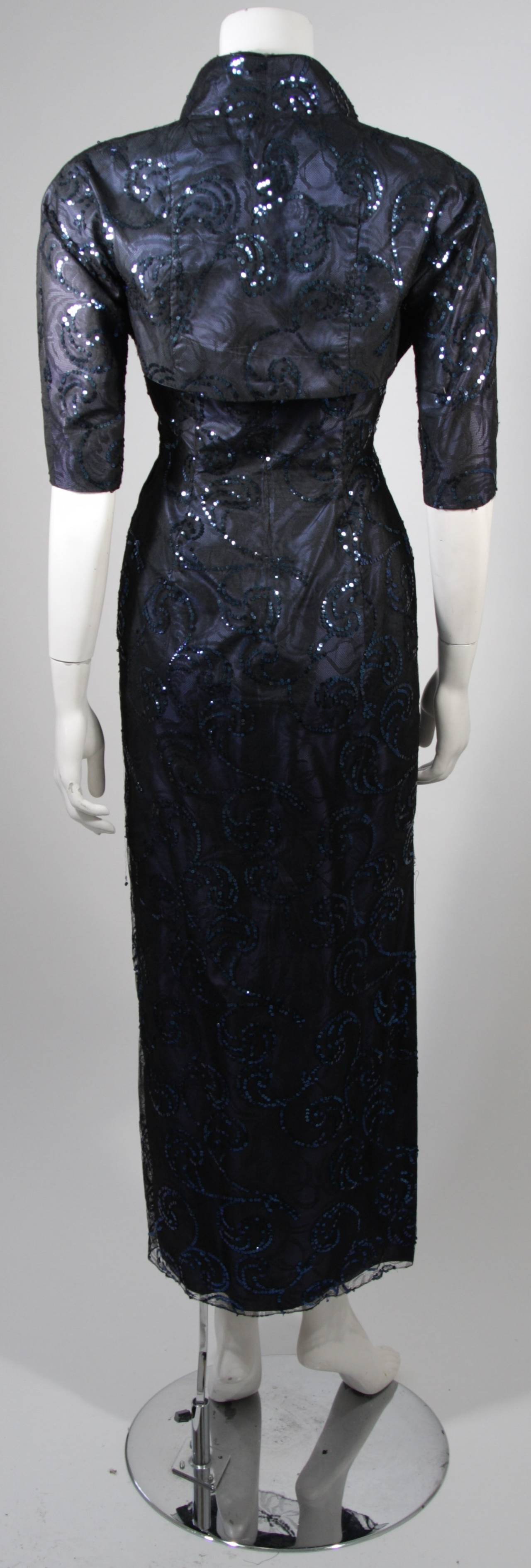 1950's Sapphire Blue Snap on Bolero Cheongsam Gown Hand Sewn Sequin Design 4