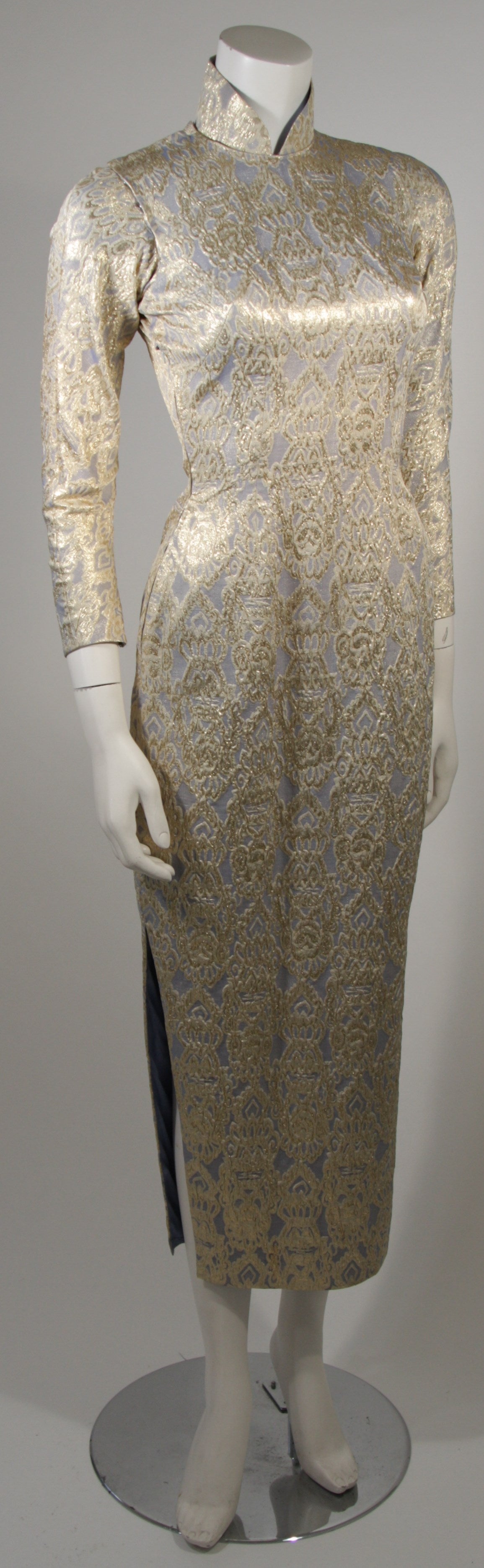 Gray Oriental Inspired Pale Blue & Gold Silk Brocade Cheongsam Dress Sz 0-2