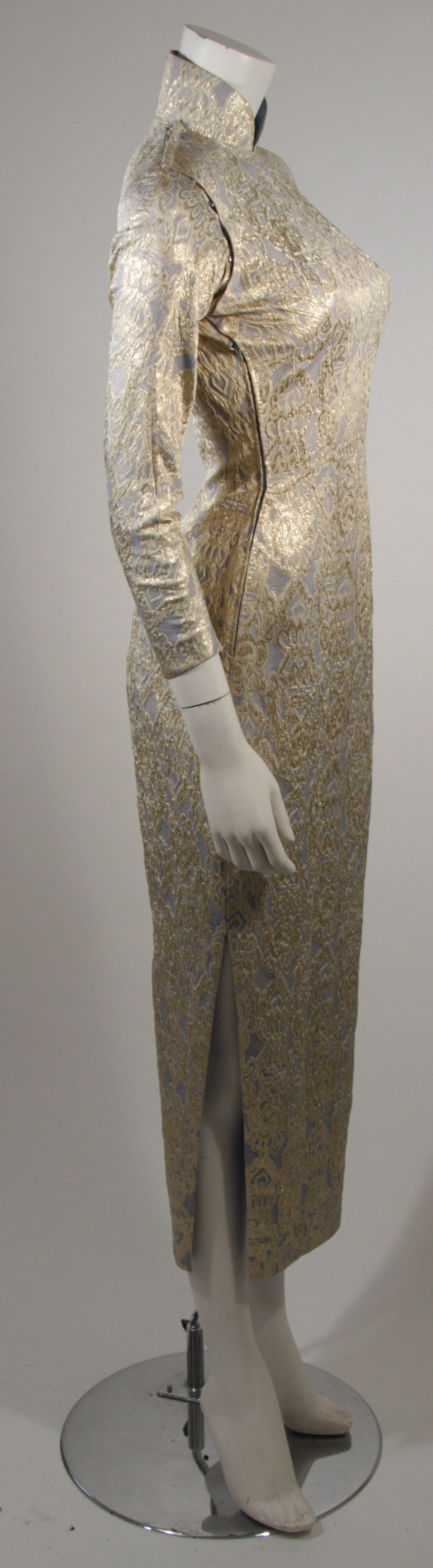 Women's Oriental Inspired Pale Blue & Gold Silk Brocade Cheongsam Dress Sz 0-2