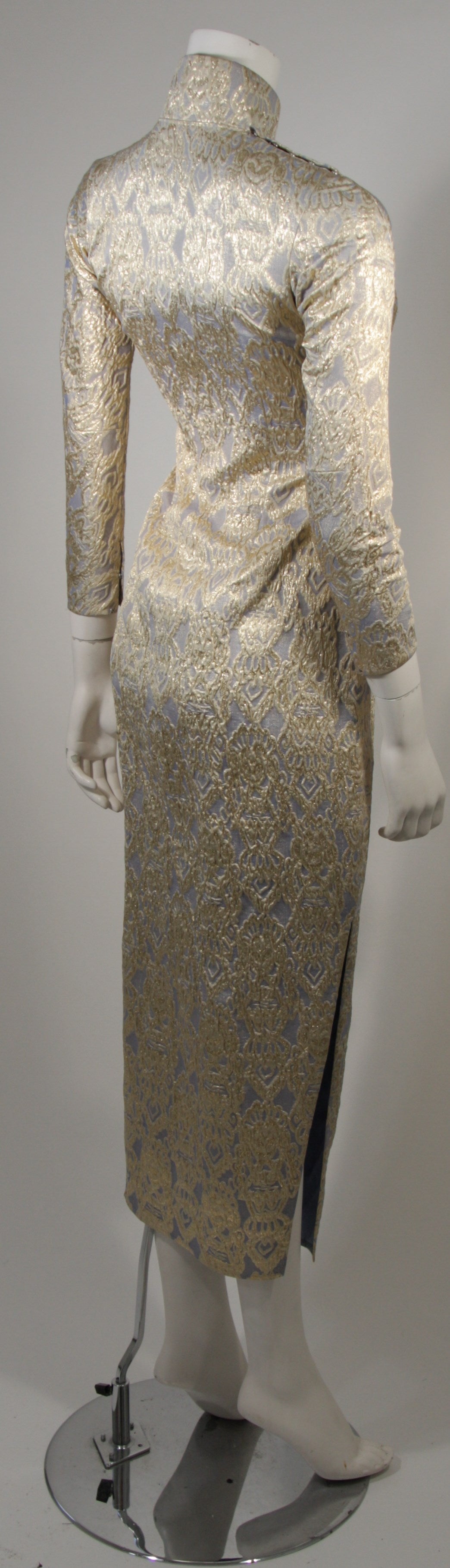 Oriental Inspired Pale Blue & Gold Silk Brocade Cheongsam Dress Sz 0-2 1