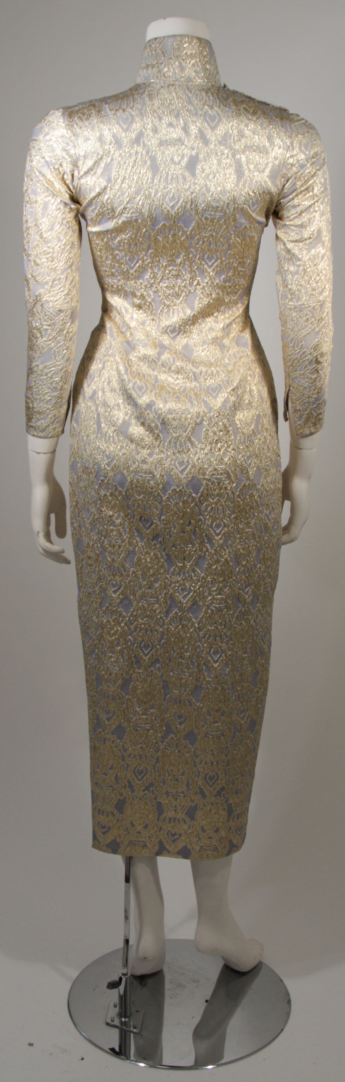 Oriental Inspired Pale Blue & Gold Silk Brocade Cheongsam Dress Sz 0-2 2