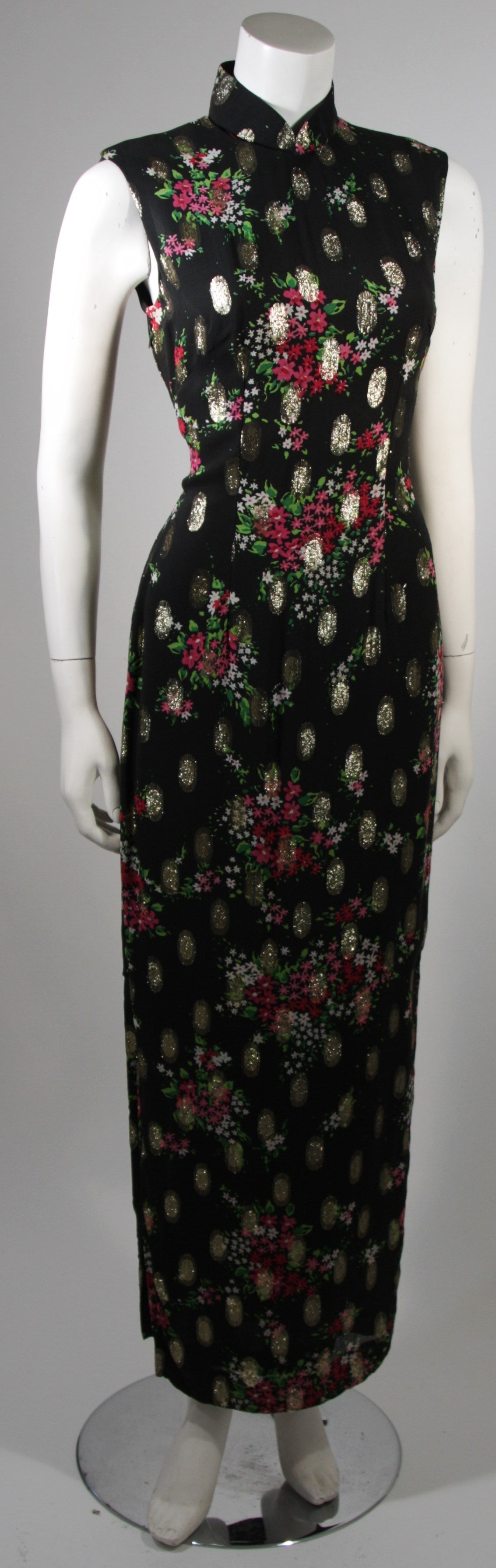 Vintage Black Silk Chiffon Cheongsam Gown  w. Golden Ovals & Pink Sprays In Excellent Condition In Los Angeles, CA