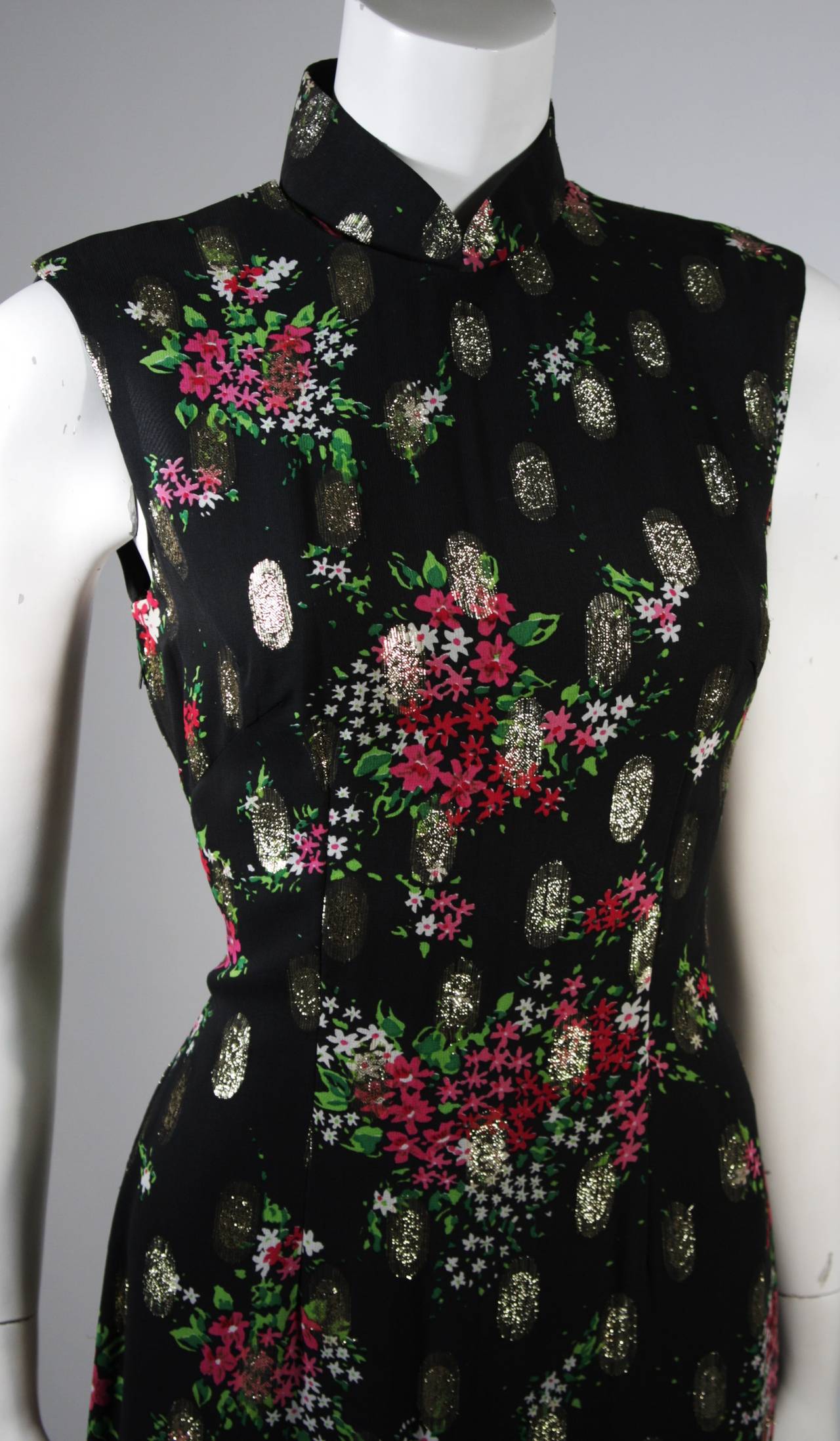 Women's Vintage Black Silk Chiffon Cheongsam Gown  w. Golden Ovals & Pink Sprays