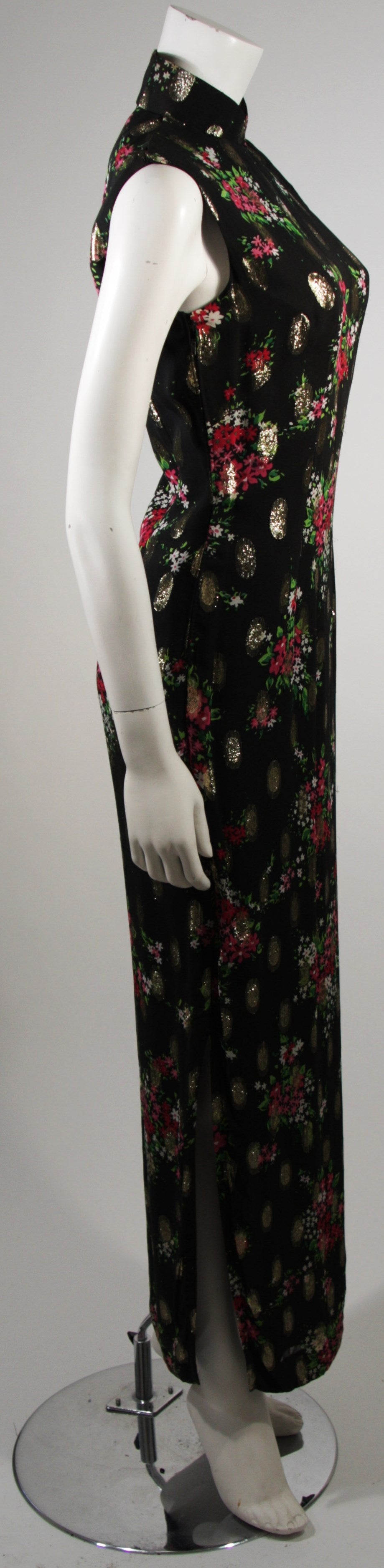 Vintage Black Silk Chiffon Cheongsam Gown  w. Golden Ovals & Pink Sprays 2