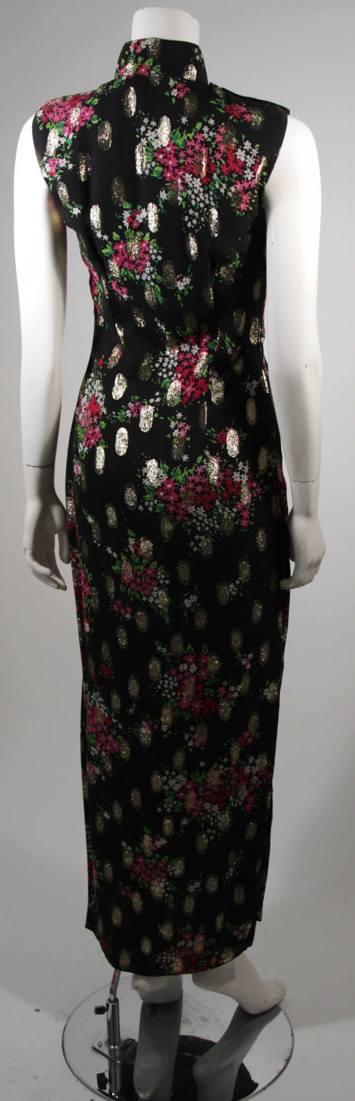 Vintage Black Silk Chiffon Cheongsam Gown  w. Golden Ovals & Pink Sprays 4