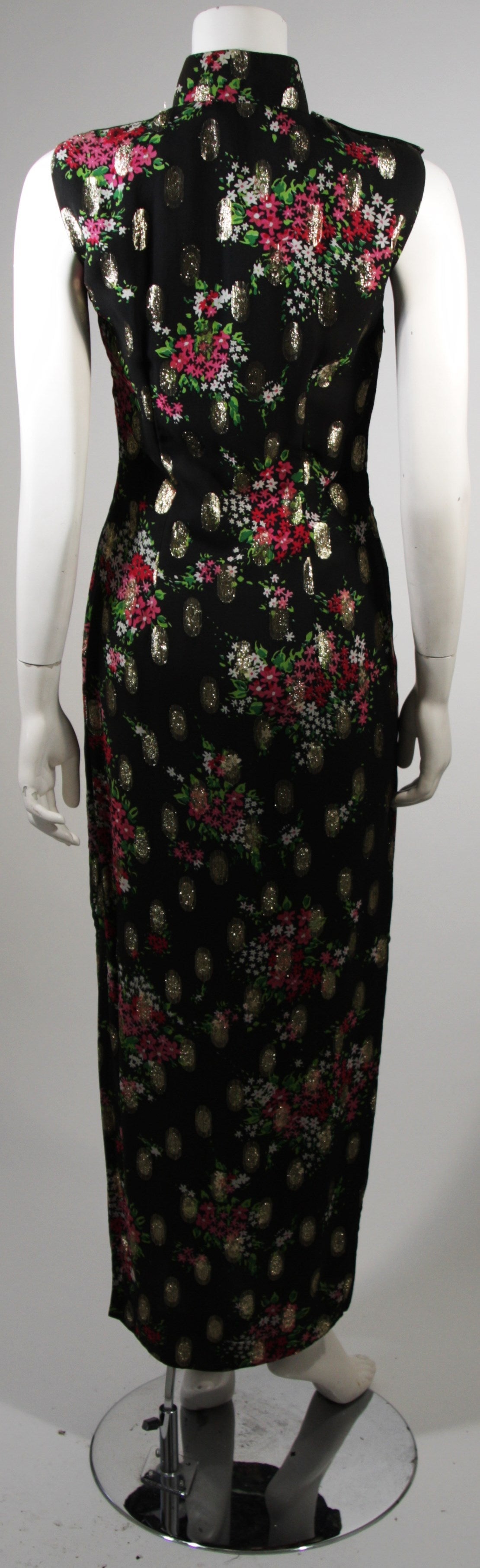Vintage Black Silk Chiffon Cheongsam Gown  w. Golden Ovals & Pink Sprays 3