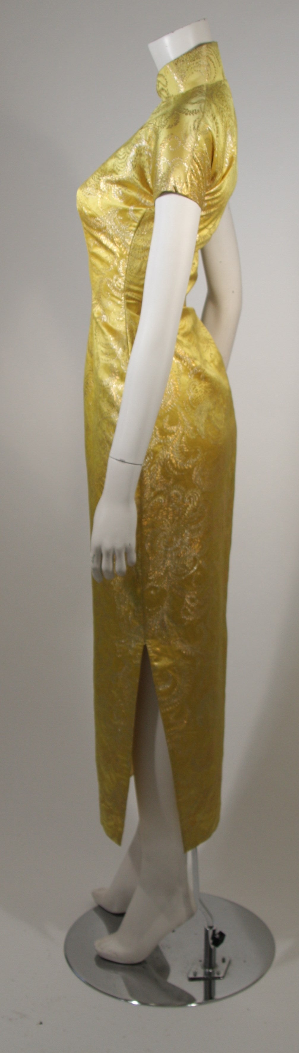 Women's 1950's Ornate Silk Brocade Golden Yellow Cheongsam Cocktail Gown  Size XS