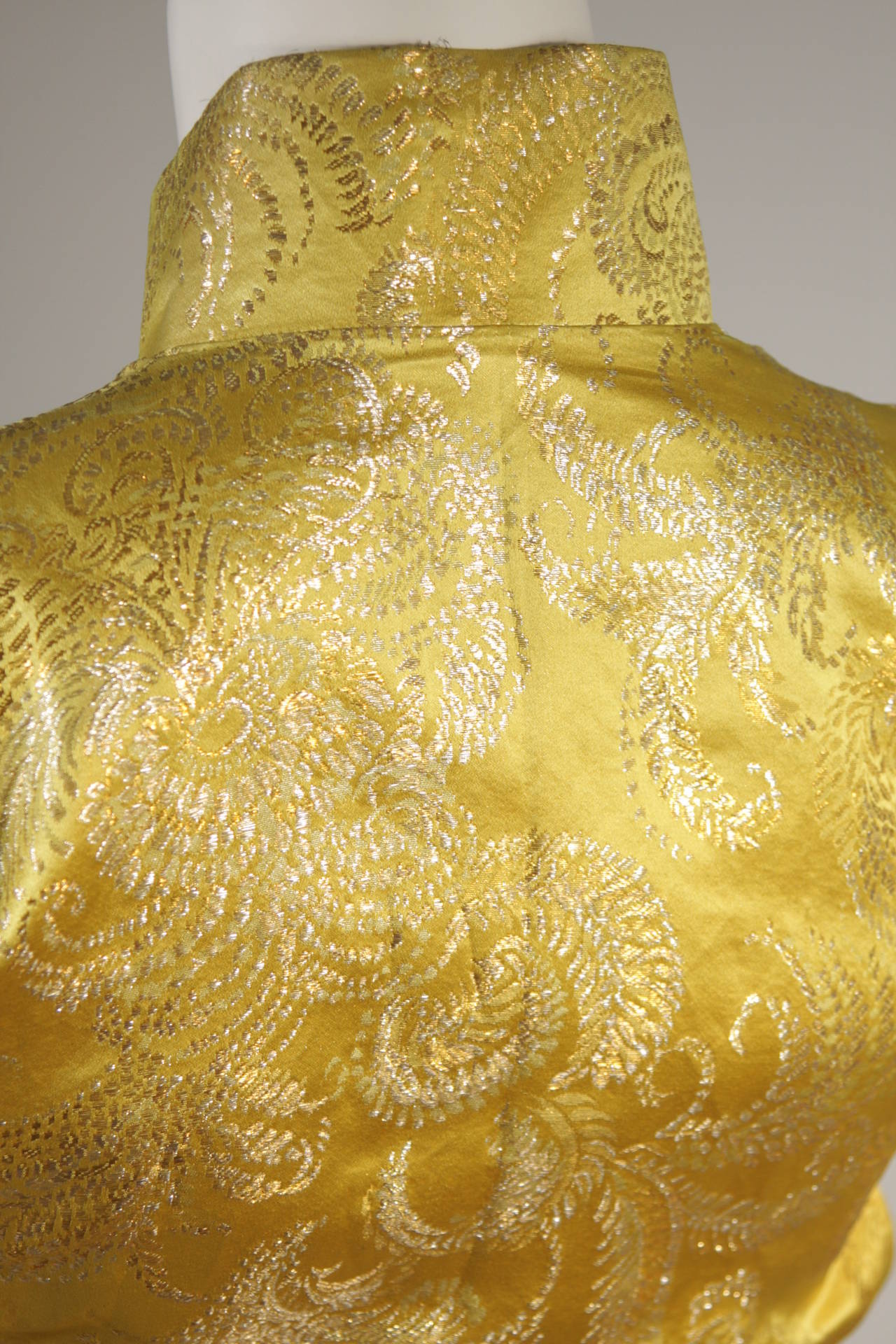 1950's Ornate Silk Brocade Golden Yellow Cheongsam Cocktail Gown  Size XS 2