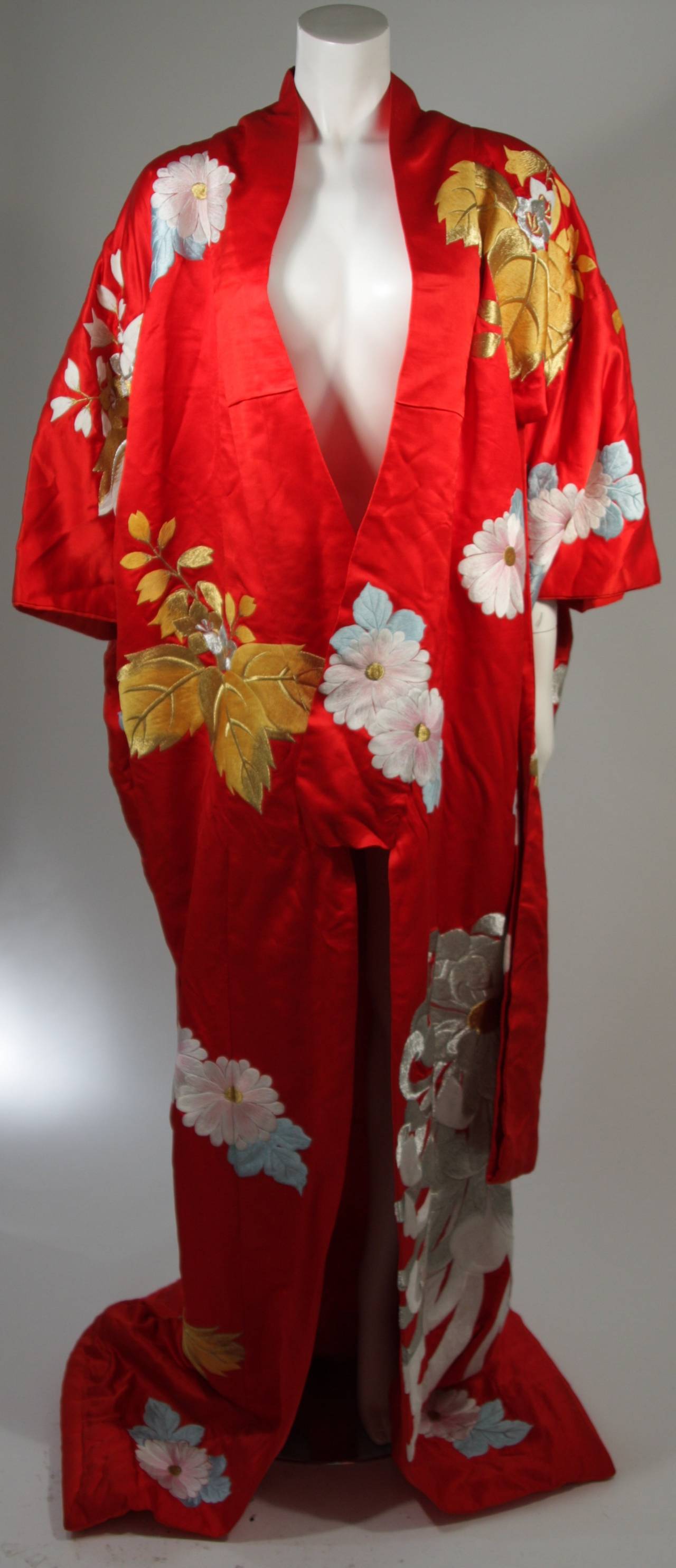 Women's or Men's Rare Museum Quality Red Silk Embroidered Kimono w. Ivory & Gold Cascading Lotus