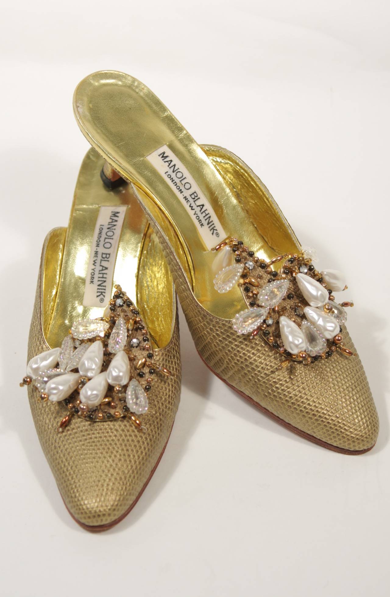 Manolo Blahnik Baroque Gold Tone Heels with Pearl and Bead Details Size ...