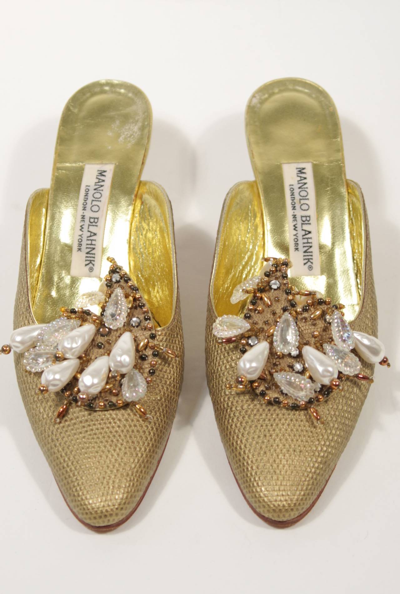 Manolo Blahnik Baroque Gold Tone Heels with Pearl and Bead Details Size ...