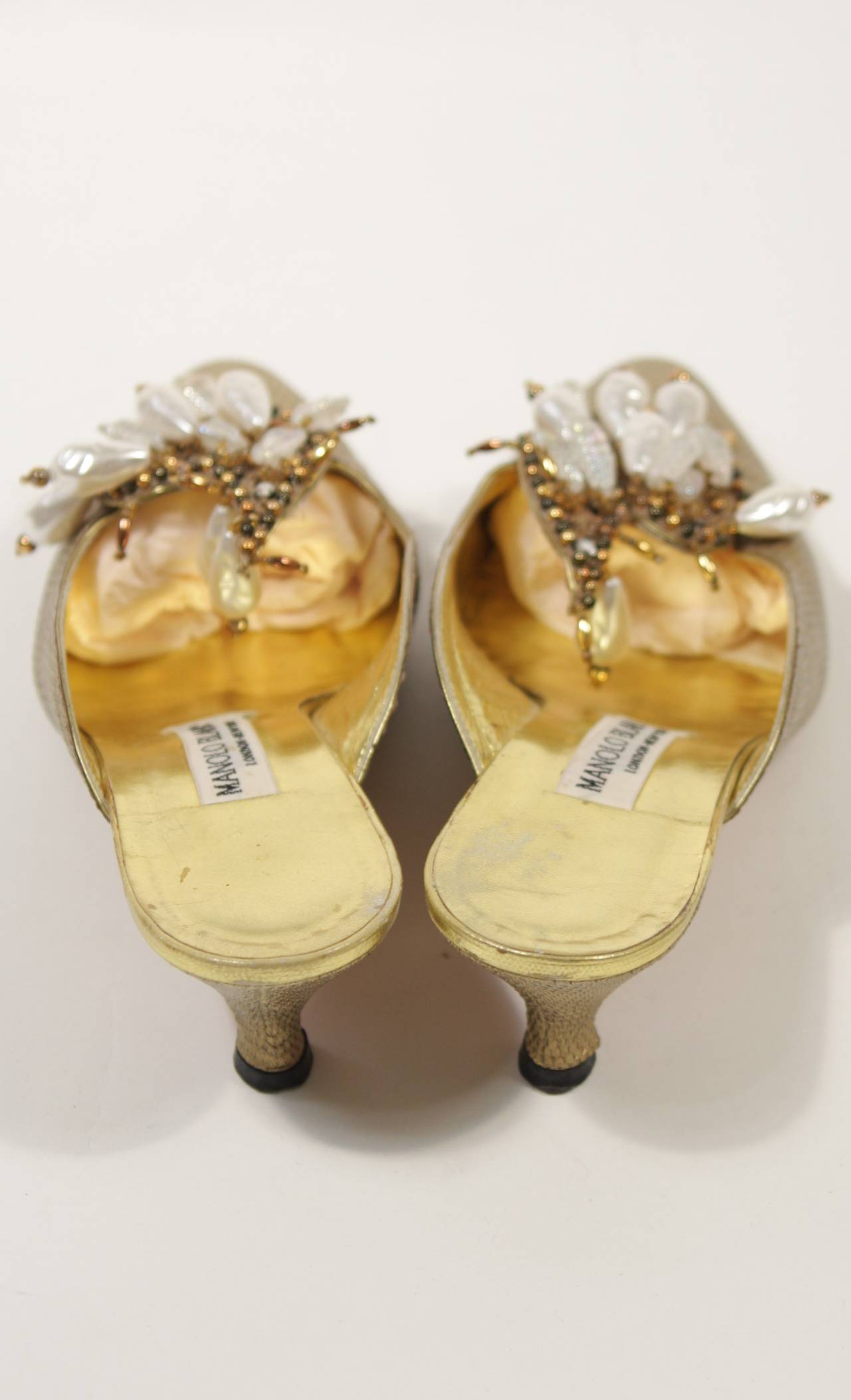 Women's Manolo Blahnik Baroque Gold Tone Heels with Pearl and Bead Details Size 7