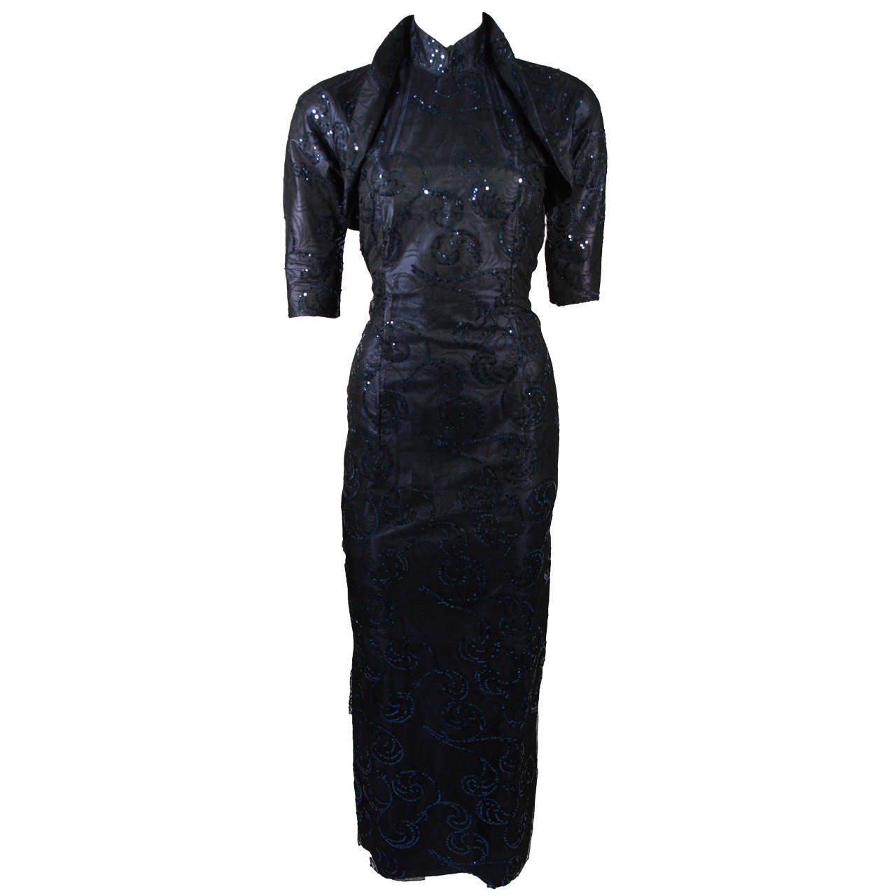 1950's Sapphire Blue Snap on Bolero Cheongsam Gown Hand Sewn Sequin Design
