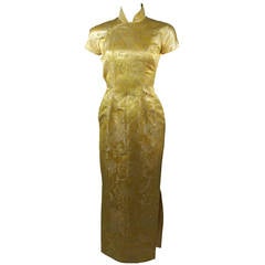 1950's Ornate Silk Brocade Golden Yellow Cheongsam Cocktail Gown  Size XS