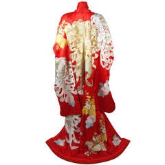 Rare Museum Quality Red Silk Embroidered Kimono w. Ivory & Gold Cascading Lotus