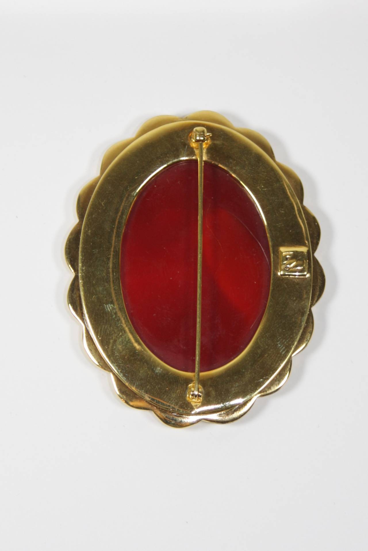 Karl Lagerfield Red Glass with KL Engraved Monogram in a Gold Tone Frame Brooch 1